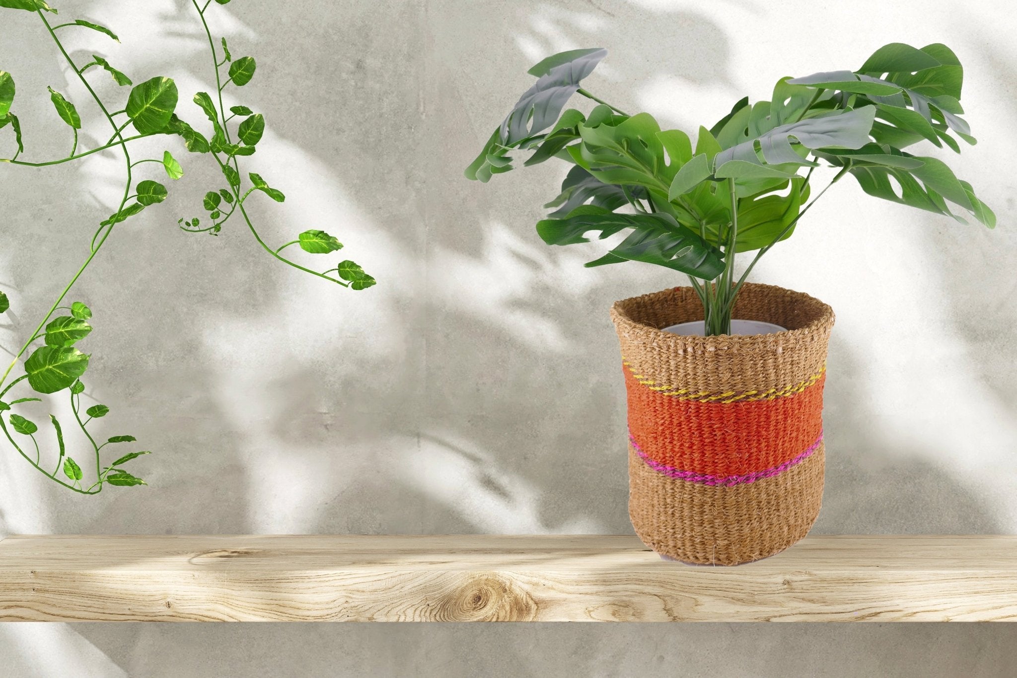 African Plant / Storage Basket / Kiondo Woven Sisal Planter / 23 cm / 9 inch wide / Orange & naturals - FriendlyTradingCo
