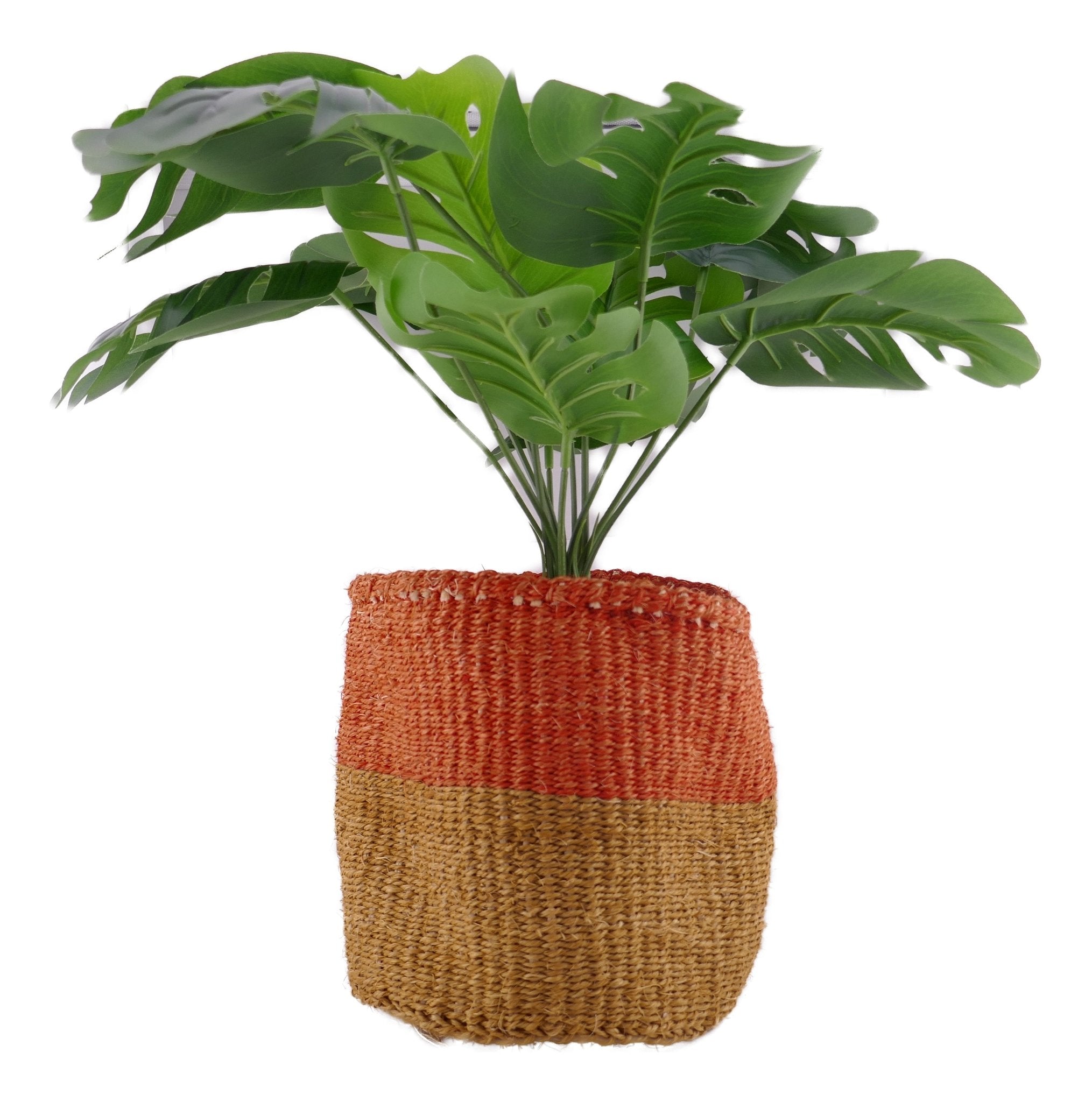African Plant / Storage Basket / Kiondo Woven Sisal Planter / 23 cm / 9 inch wide / Orange & naturals - FriendlyTradingCo