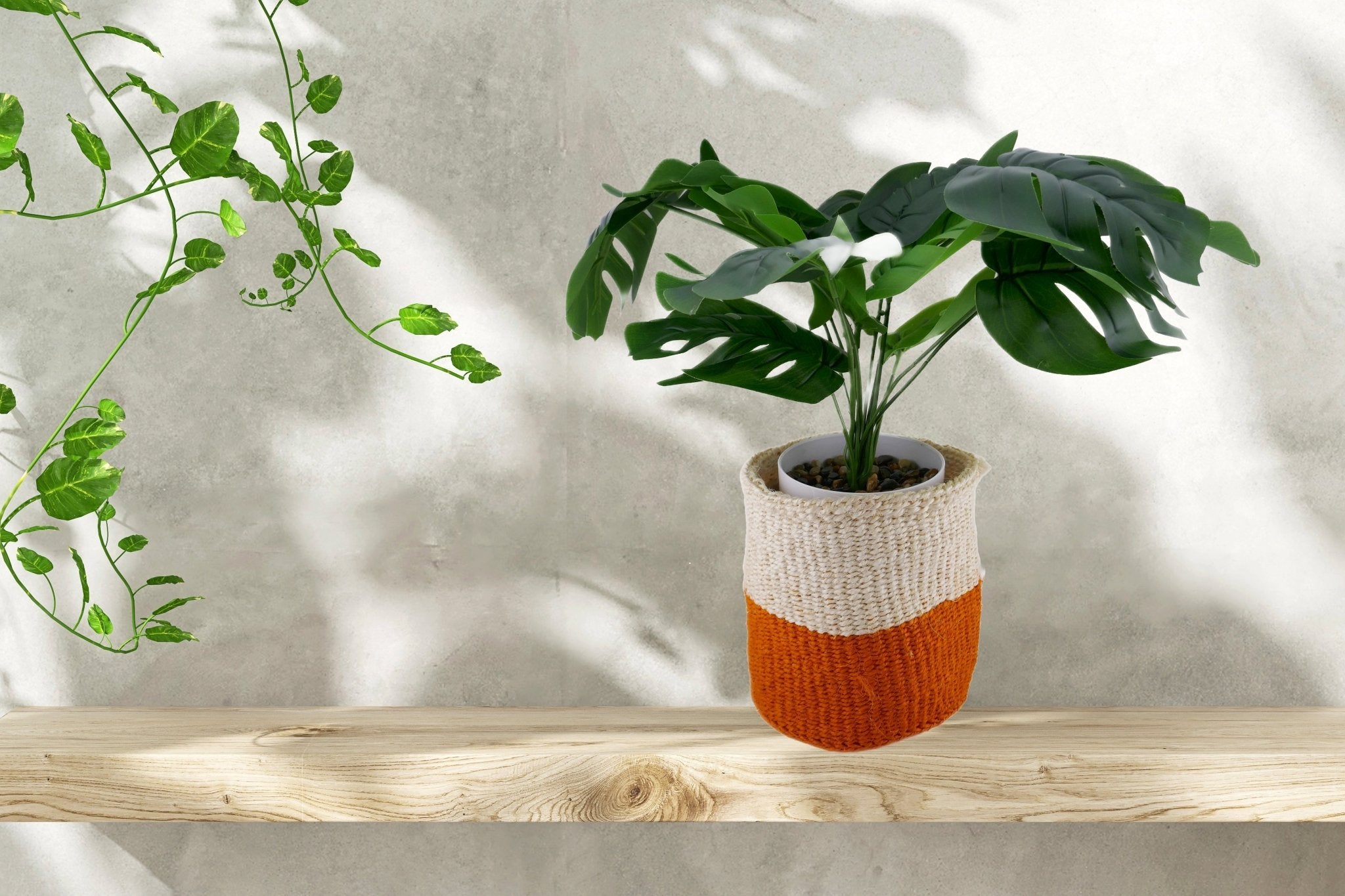 African Plant / Storage Basket / Kiondo Woven Sisal Planter / 23 cm / 9 inch wide / Orange & naturals - FriendlyTradingCo