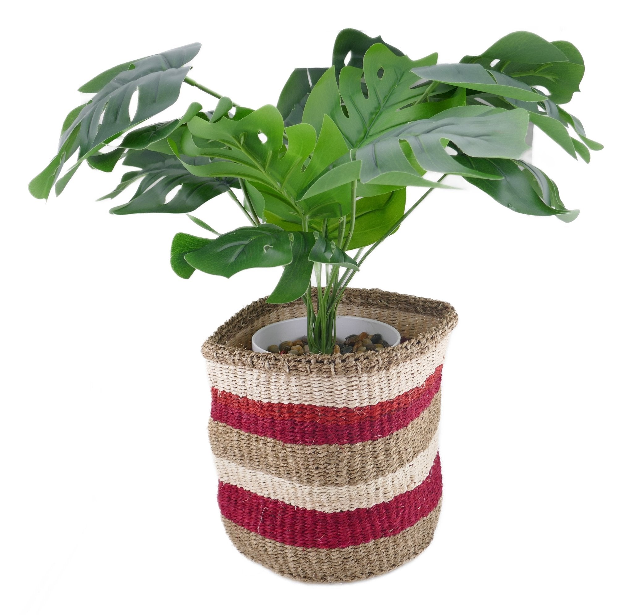 African Plant / Storage Basket / Kiondo Woven Sisal Planter / 23 cm / 9 inch wide / Pinks and reds - FriendlyTradingCo