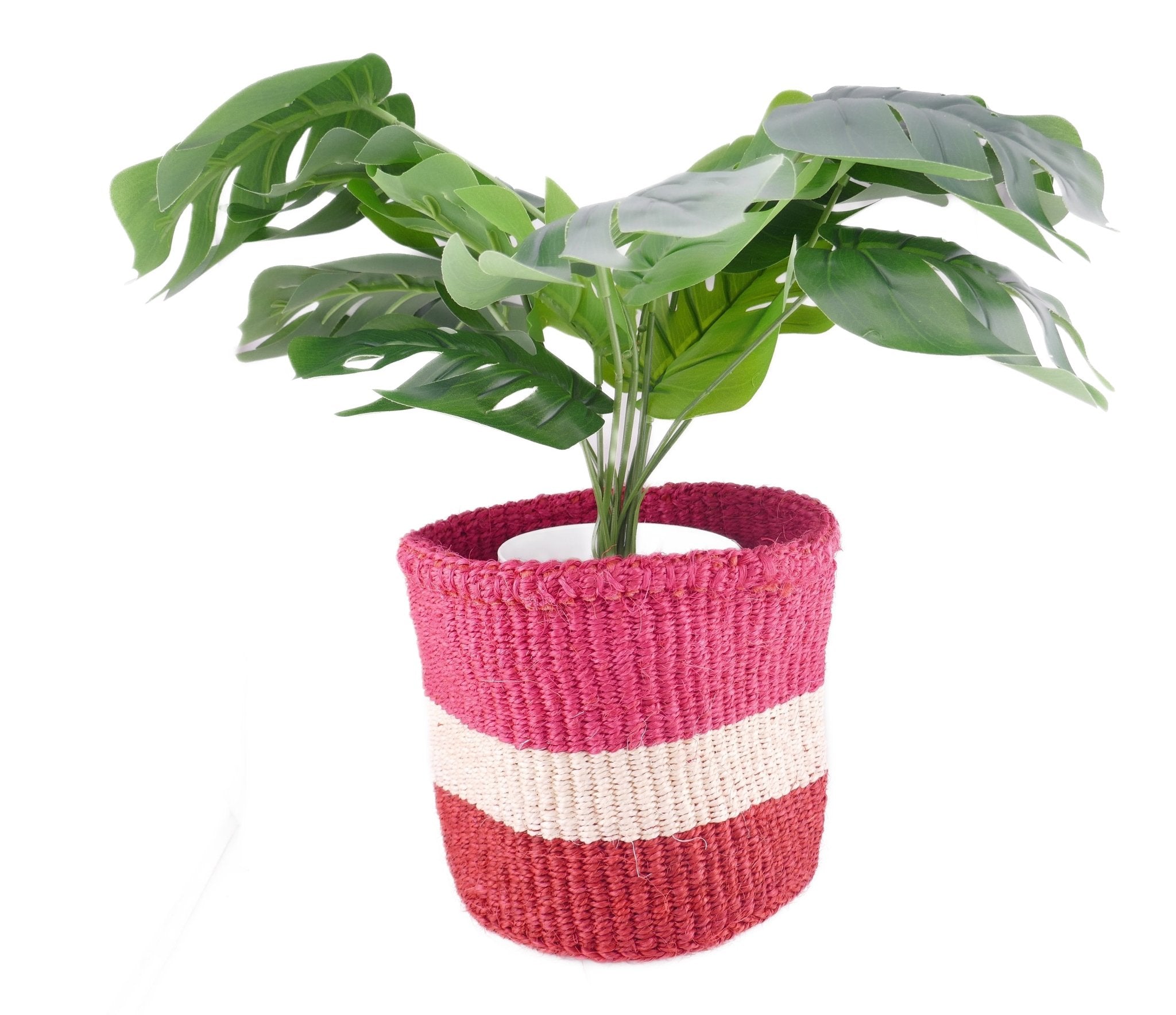 African Plant / Storage Basket / Kiondo Woven Sisal Planter / 23 cm / 9 inch wide / Pinks and reds - FriendlyTradingCo