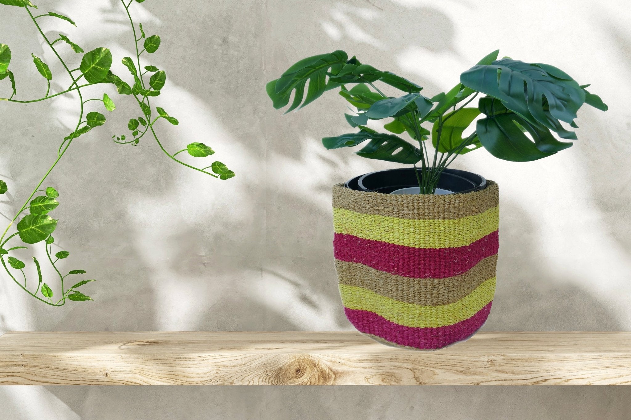 African Plant / Storage Basket / Kiondo Woven Sisal Planter / 23 cm / 9 inch wide / Pinks and reds - FriendlyTradingCo
