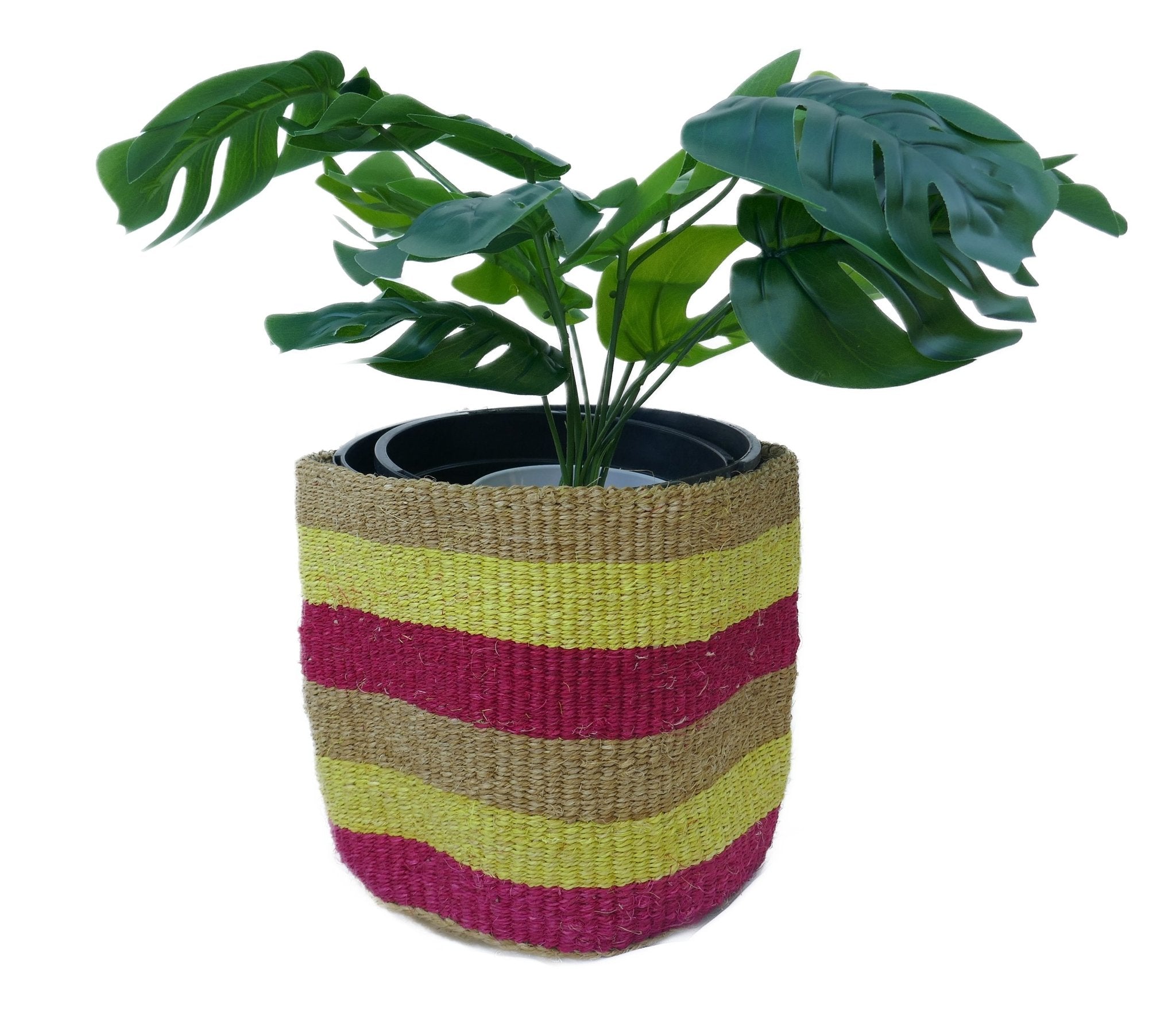 African Plant / Storage Basket / Kiondo Woven Sisal Planter / 23 cm / 9 inch wide / Pinks and reds - FriendlyTradingCo