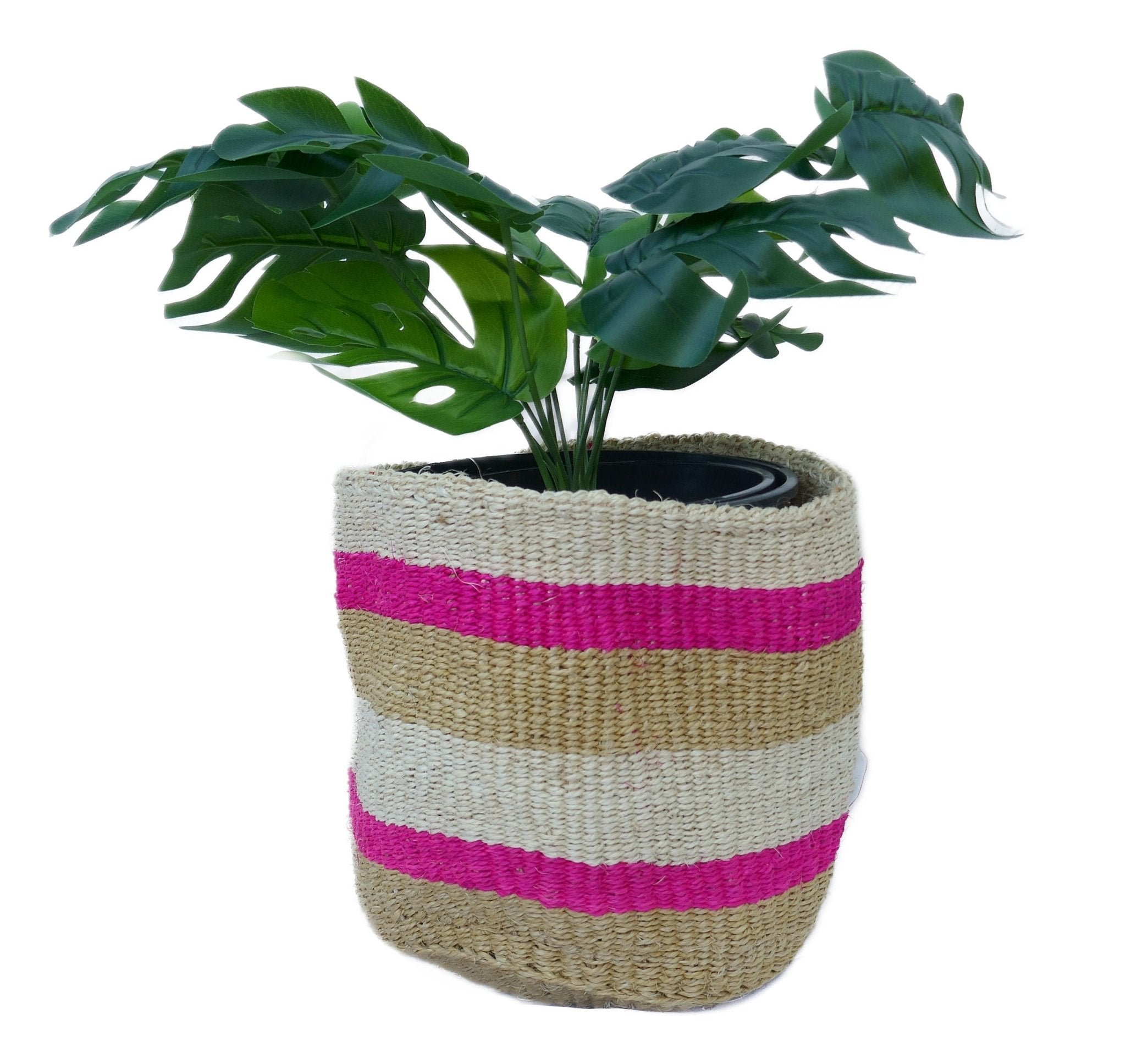 African Plant / Storage Basket / Kiondo Woven Sisal Planter / 23 cm / 9 inch wide / Pinks and reds - FriendlyTradingCo