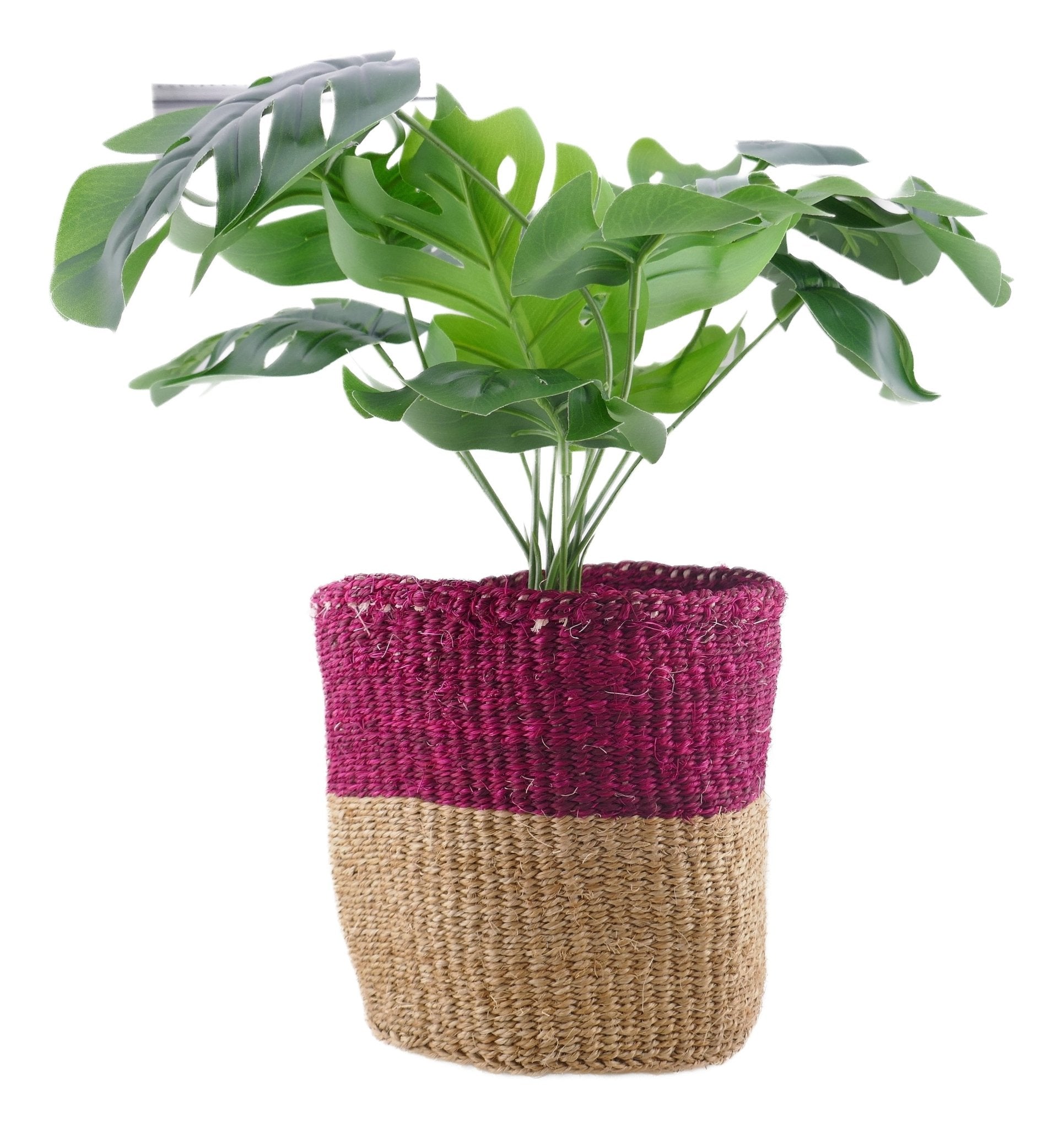 African Plant / Storage Basket / Kiondo Woven Sisal Planter / 23 cm / 9 inch wide / Purple naturals - FriendlyTradingCo