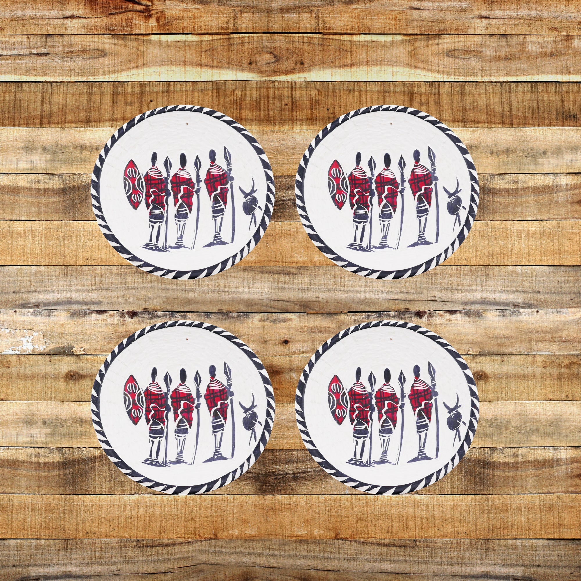 African Stone Coasters // Maasai Warrior Design // Hand Crafted serrated finish Set of 6 with Storycard - FriendlyTradingCo