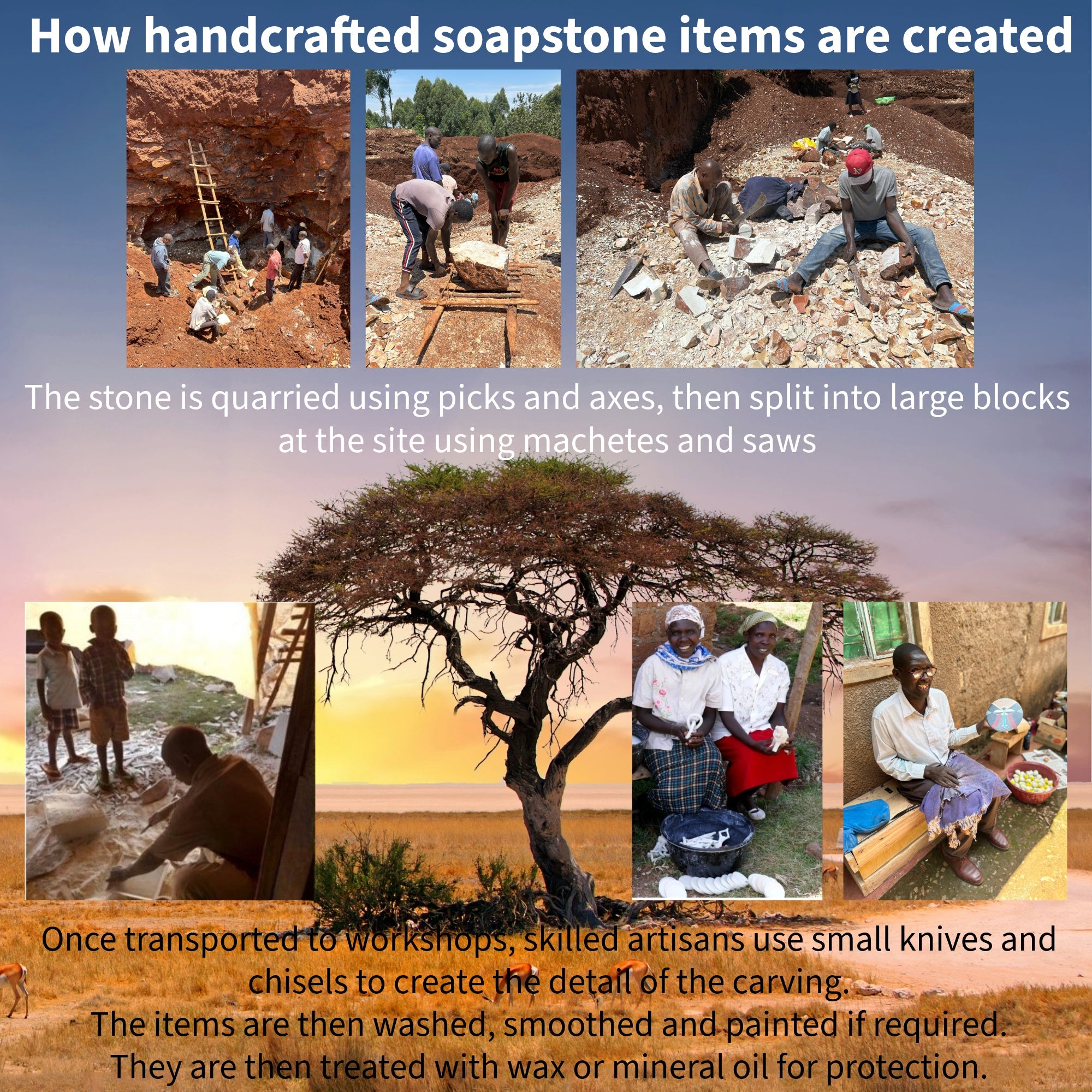 African Stone Coasters // Maasai Warrior Design // Hand Crafted serrated finish Set of 6 with Storycard - FriendlyTradingCo