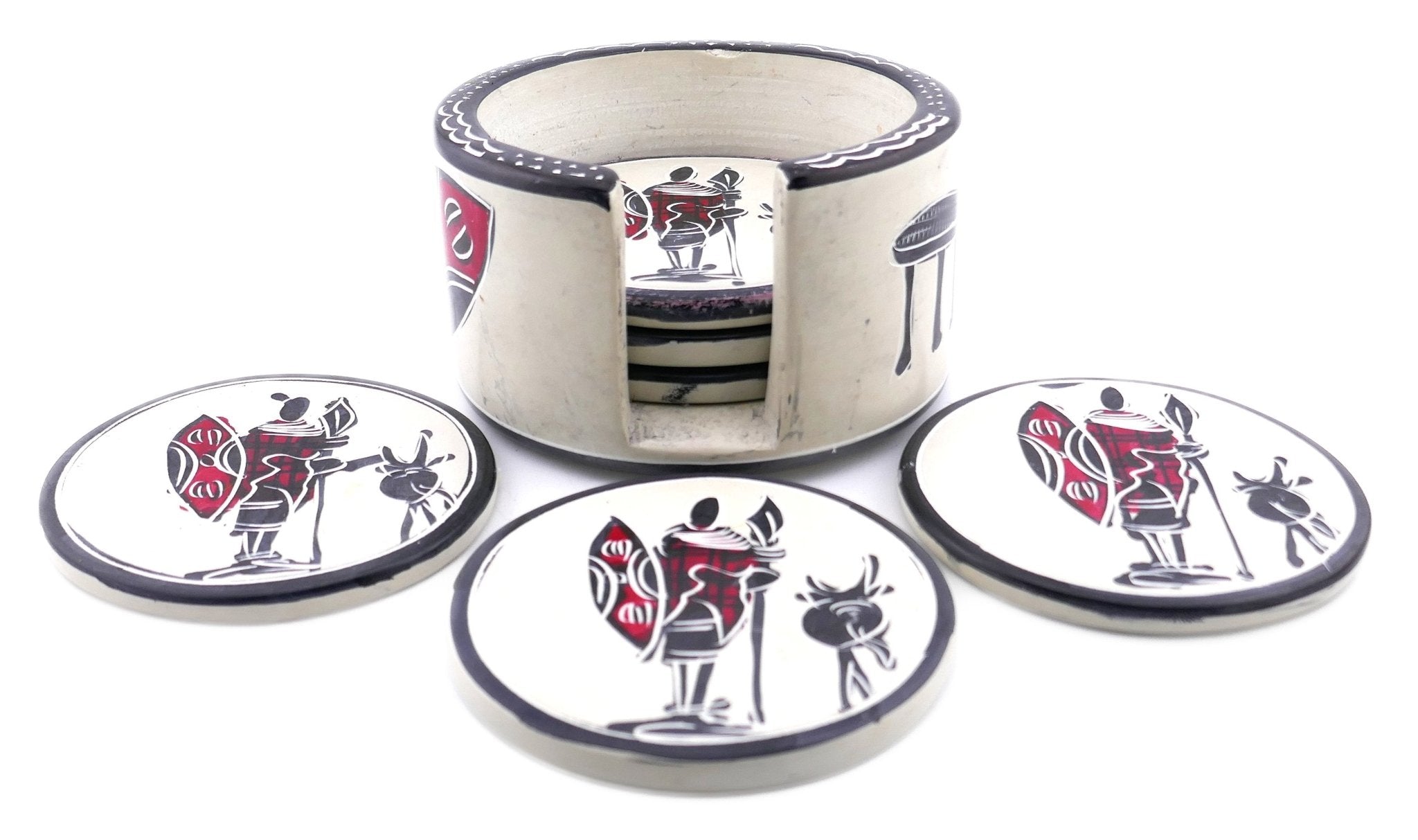 African Stone Coasters // Maasai Warrior Design // Hand Crafted serrated finish Set of 6 with Storycard - FriendlyTradingCo