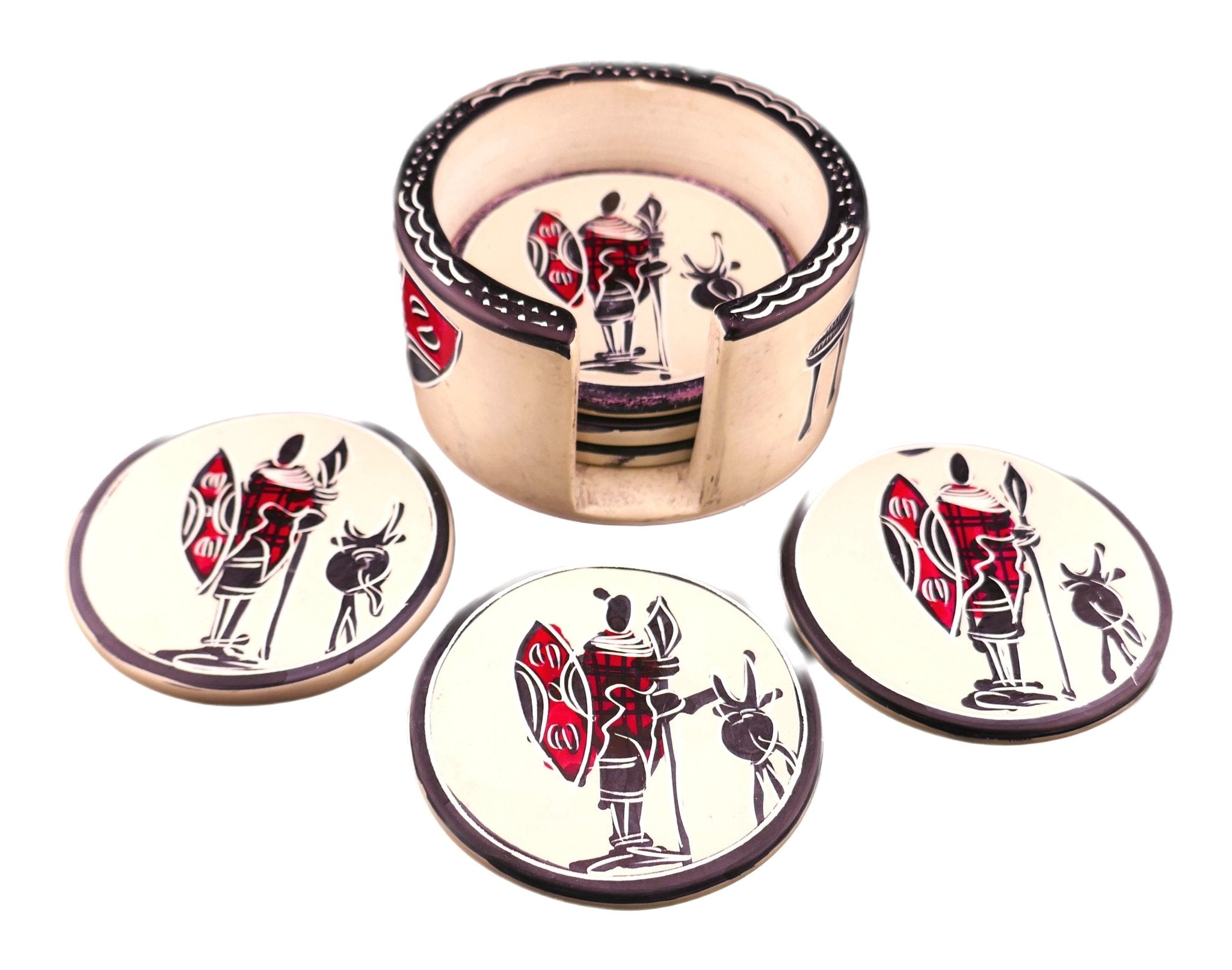 African Stone Coasters // Maasai Warrior Design // Hand Crafted serrated finish Set of 6 with Storycard - FriendlyTradingCo