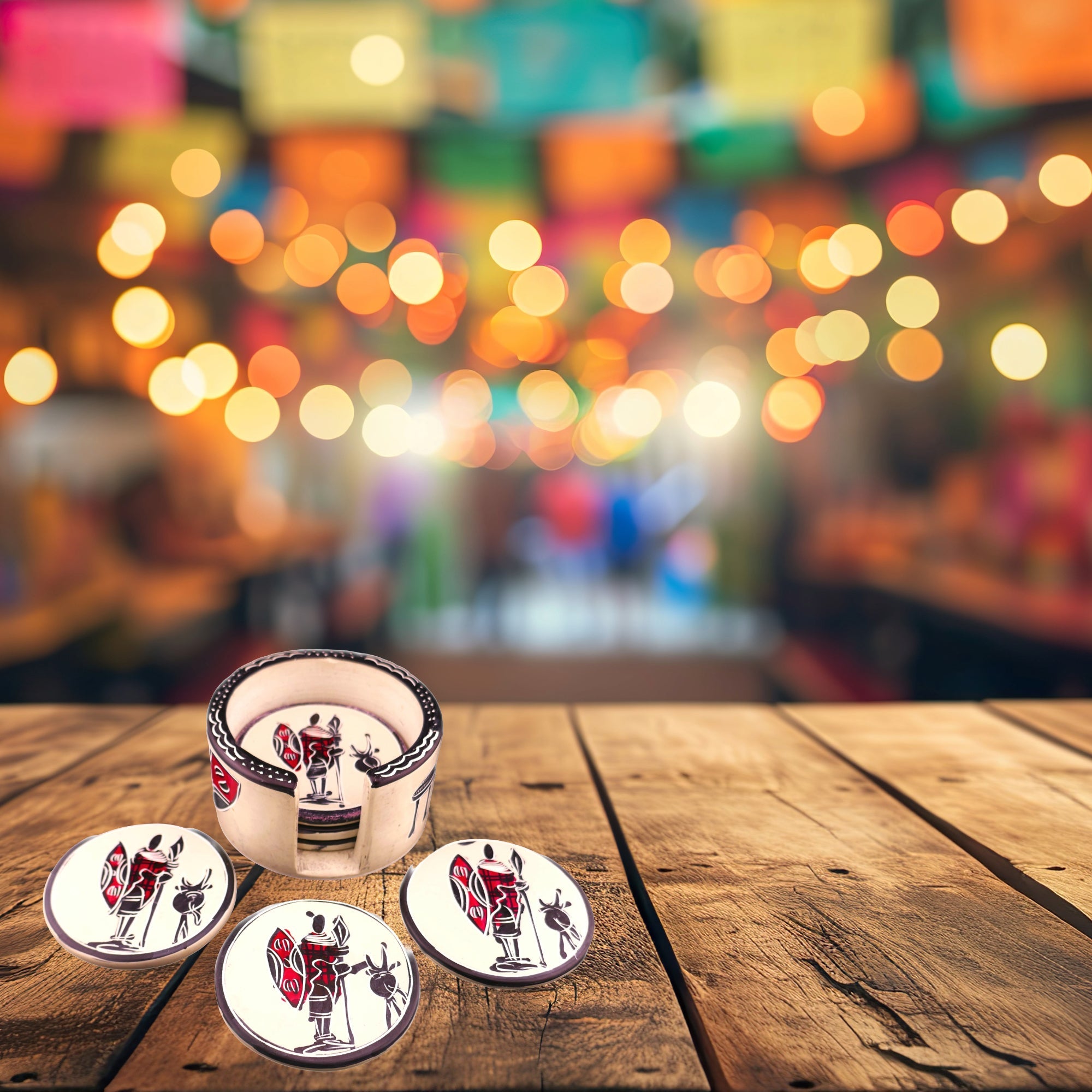 African Stone Coasters // Maasai Warrior Design // Hand Crafted serrated finish Set of 6 with Storycard - FriendlyTradingCo