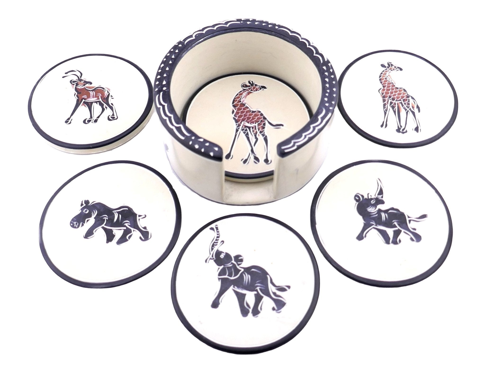 African Stone Coasters // Wild Animal Design // Hand Crafted serrated finish Set of 6 Stone Drinks Coasters with Storycard - FriendlyTradingCo