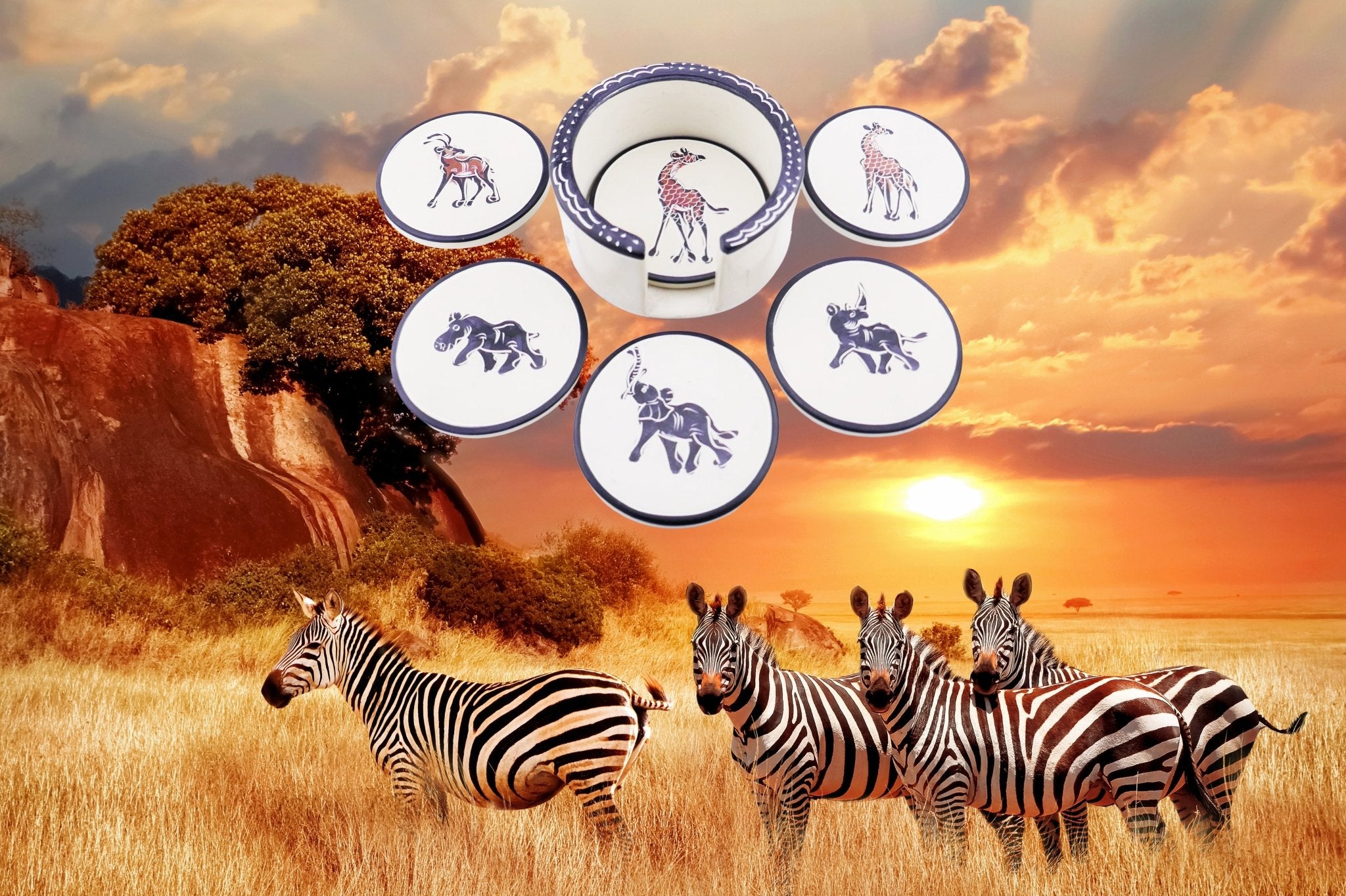 African Stone Coasters // Wild Animal Design // Hand Crafted serrated finish Set of 6 Stone Drinks Coasters with Storycard - FriendlyTradingCo