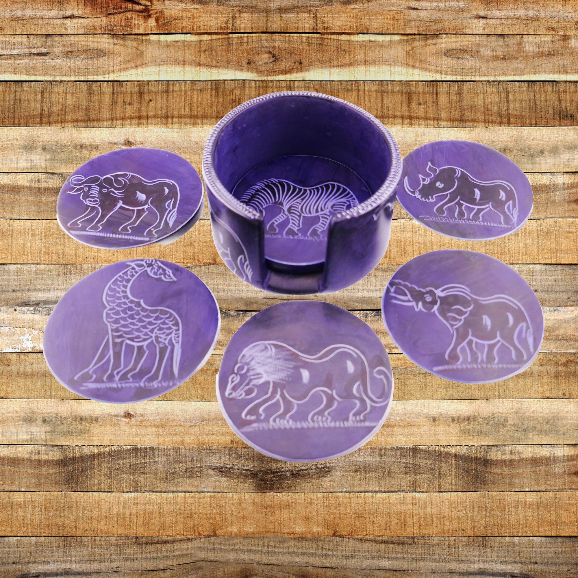 African Stone Coasters // Wild Animal Design // Hand Crafted Set of 6 Stone Drinks Coasters with Storycard // Various colours - FriendlyTradingCo