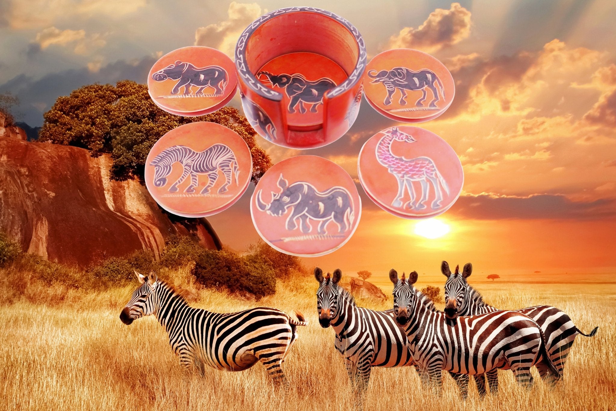 African Stone Coasters // Wild Animal Design // Hand Crafted Set of 6 Stone Drinks Coasters with Storycard // Various colours - FriendlyTradingCo