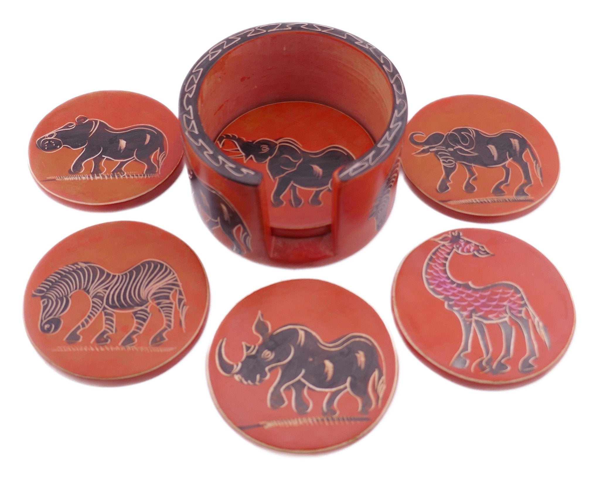 African Stone Coasters // Wild Animal Design // Hand Crafted Set of 6 Stone Drinks Coasters with Storycard // Various colours - FriendlyTradingCo