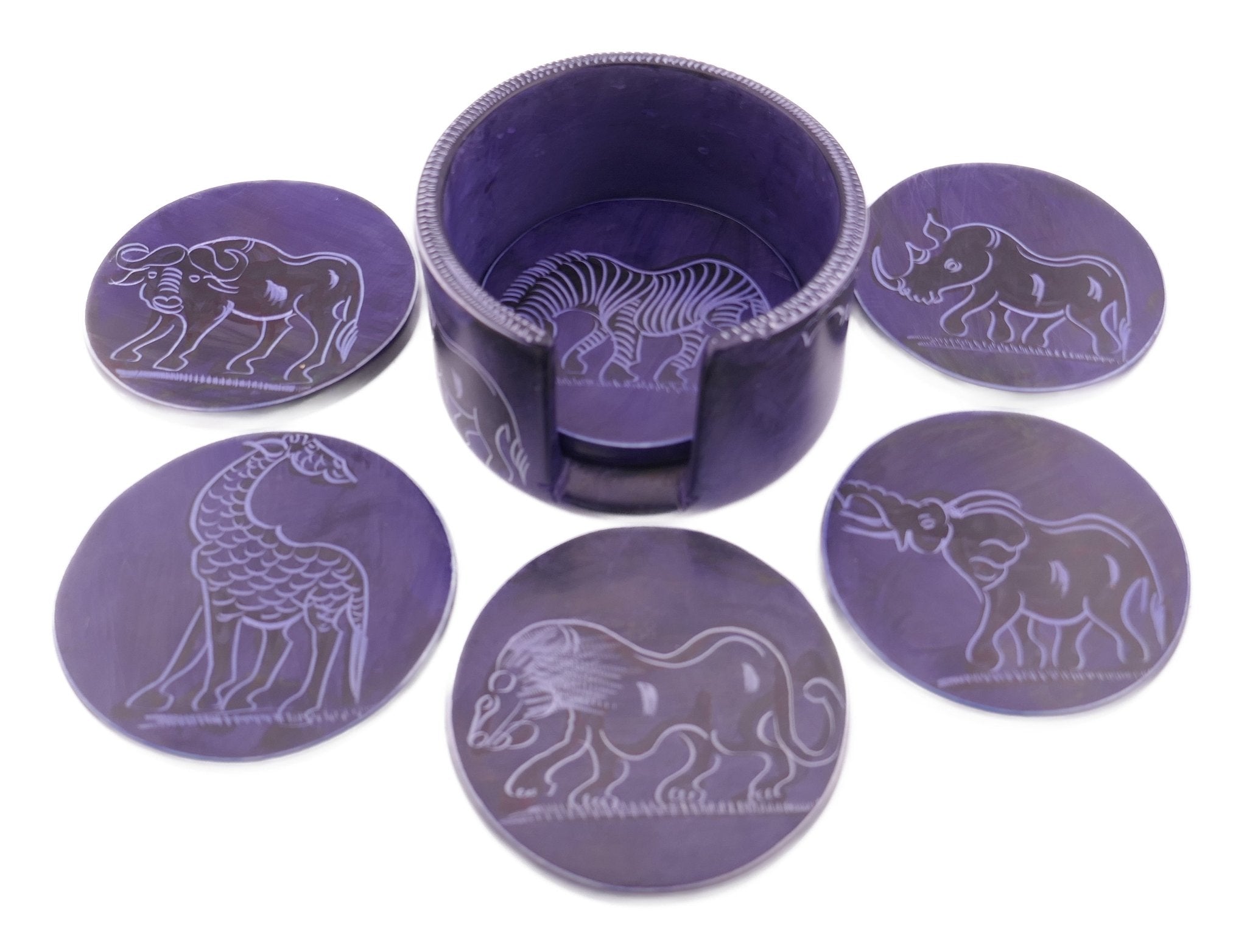 African Stone Coasters // Wild Animal Design // Hand Crafted Set of 6 Stone Drinks Coasters with Storycard // Various colours - FriendlyTradingCo