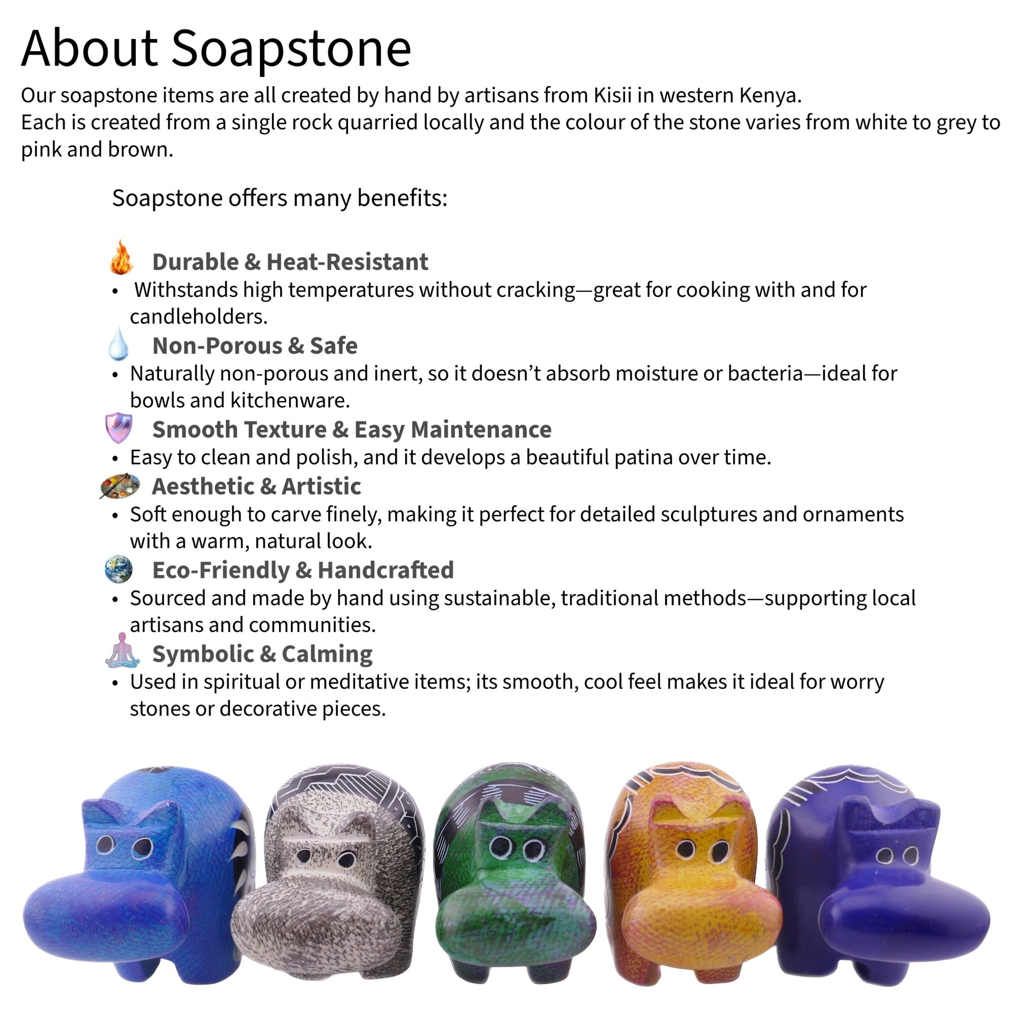 African Wild Animals in Soapstone // Lion Elephant Hippo Rhino // Small Figures 5cm with Storycard - FriendlyTradingCo