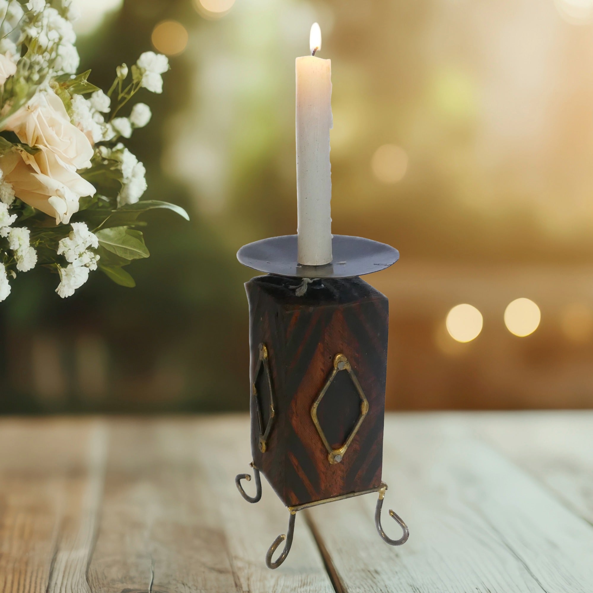 African Wood & Metal Tealight and Candle Holder // Handcrafted // 18 or 17 cm // with Story - card - FriendlyTradingCo