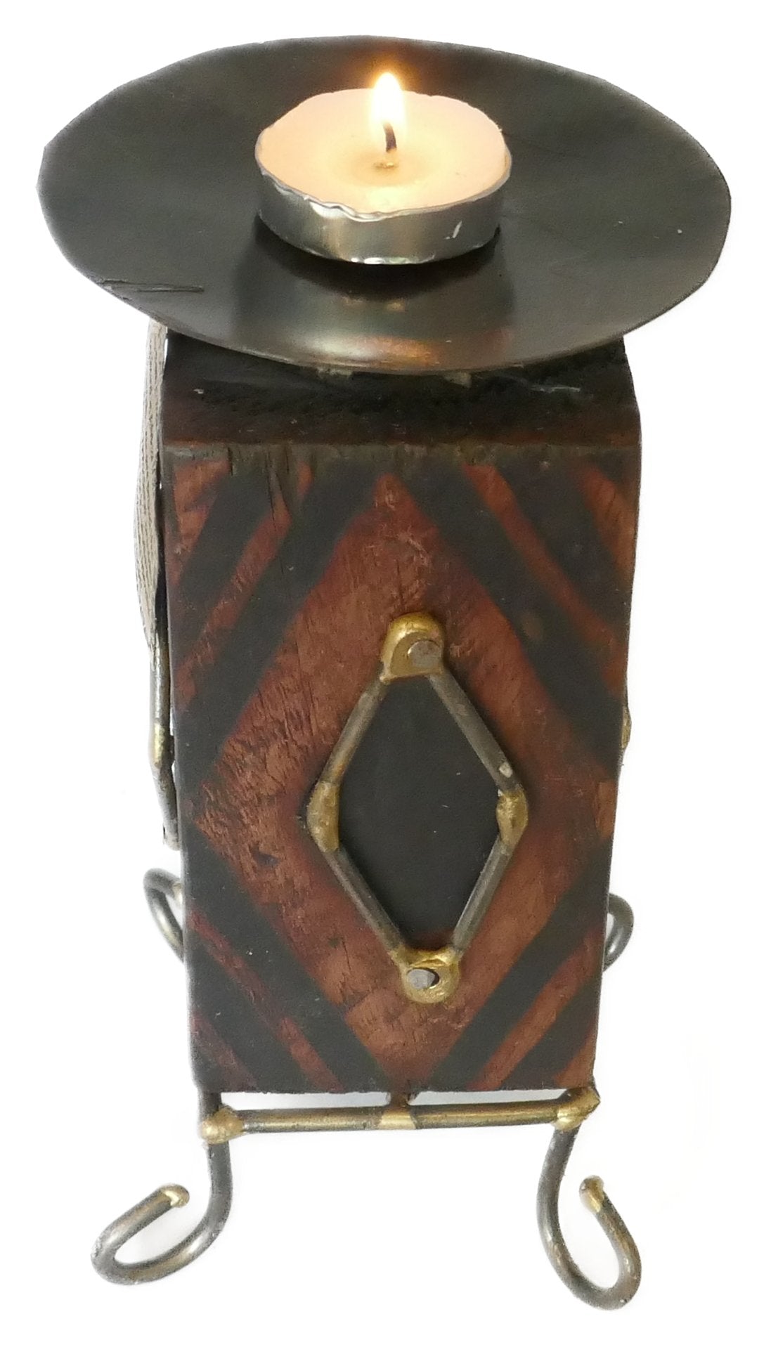 African Wood & Metal Tealight and Candle Holder // Handcrafted // 18 or 17 cm // with tealight candle & Story - card - FriendlyTradingCo