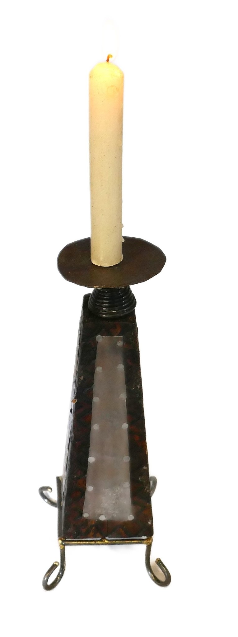 African Wood & Metal Tealight and Candle Holder // Handcrafted // Pyramid design Tall 26 cm // with Story - card - FriendlyTradingCo