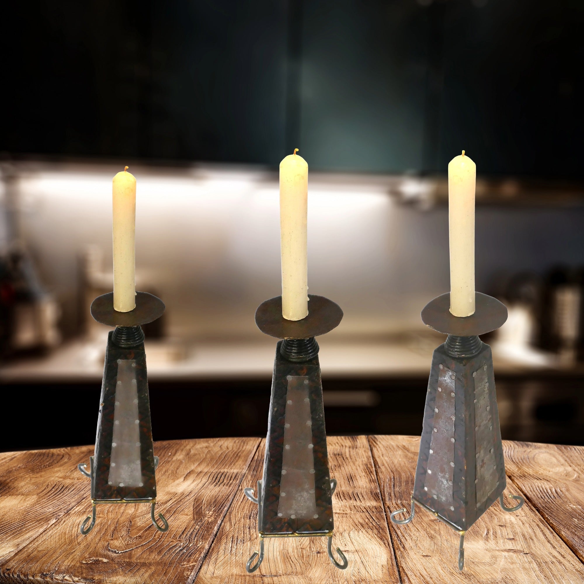 African Wood & Metal Tealight and Candle Holder // Handcrafted // Pyramid design Tall 26 cm // with Story - card - FriendlyTradingCo