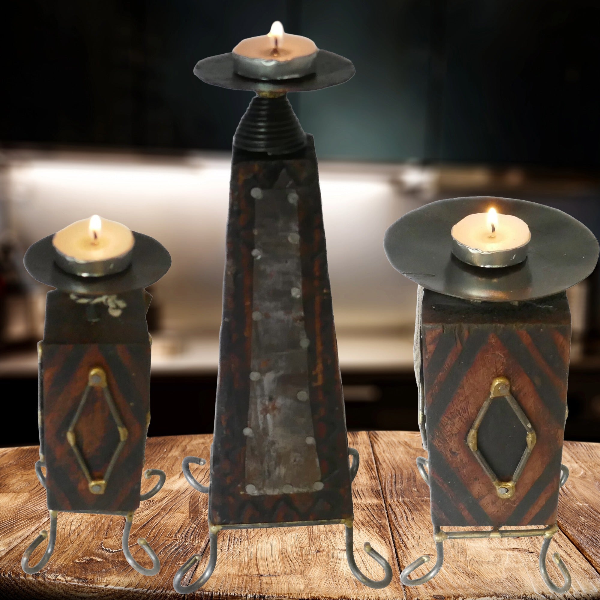African Wood & Metal Tealight and Candle Holder // Handcrafted // Pyramid design Tall 26 cm // with Story - card - FriendlyTradingCo