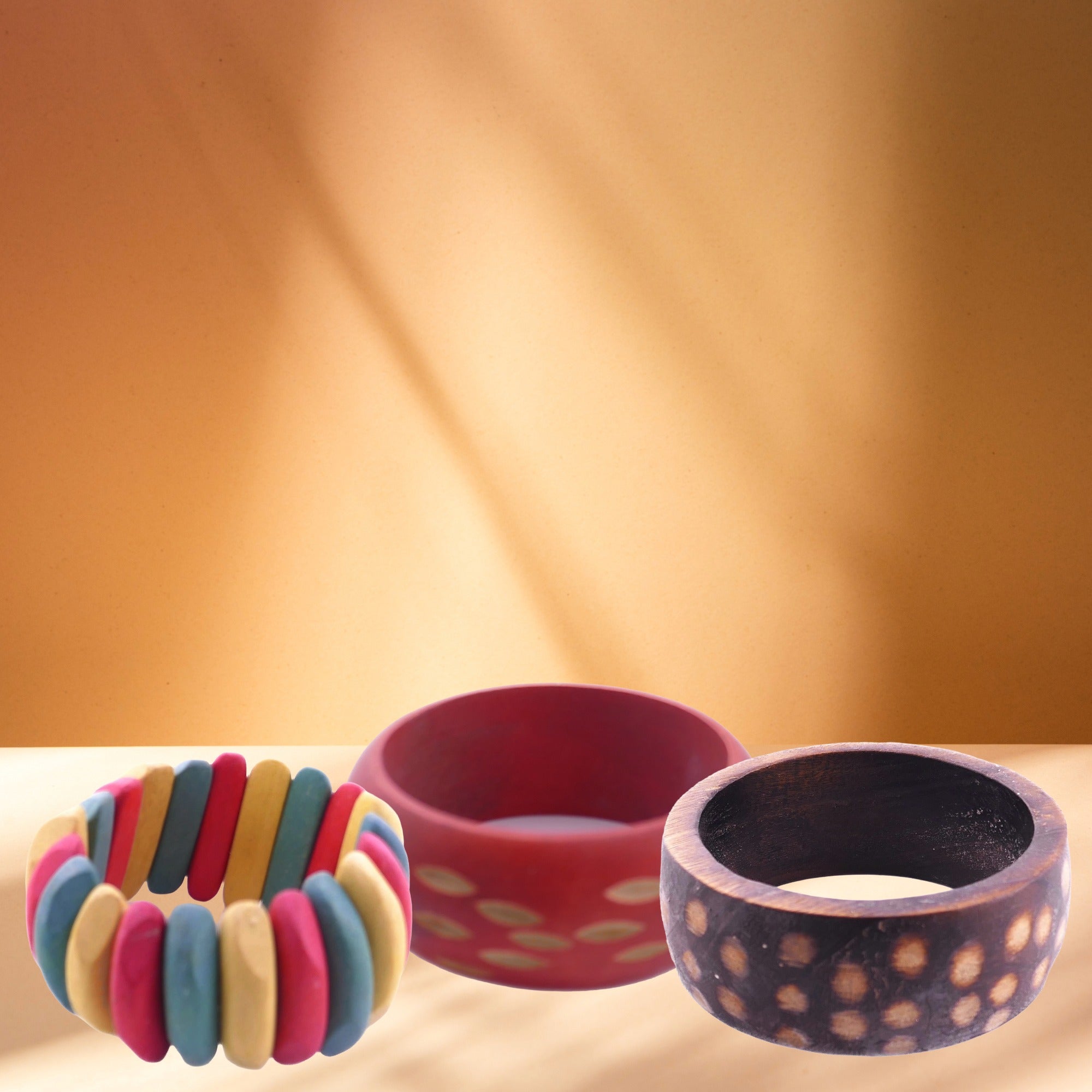 African wooden Bangles // 7 cm across (internal size) // 3 colourful designs // Hand made in Senegal, West Africa // with orange Presentation Pouch - FriendlyTradingCo