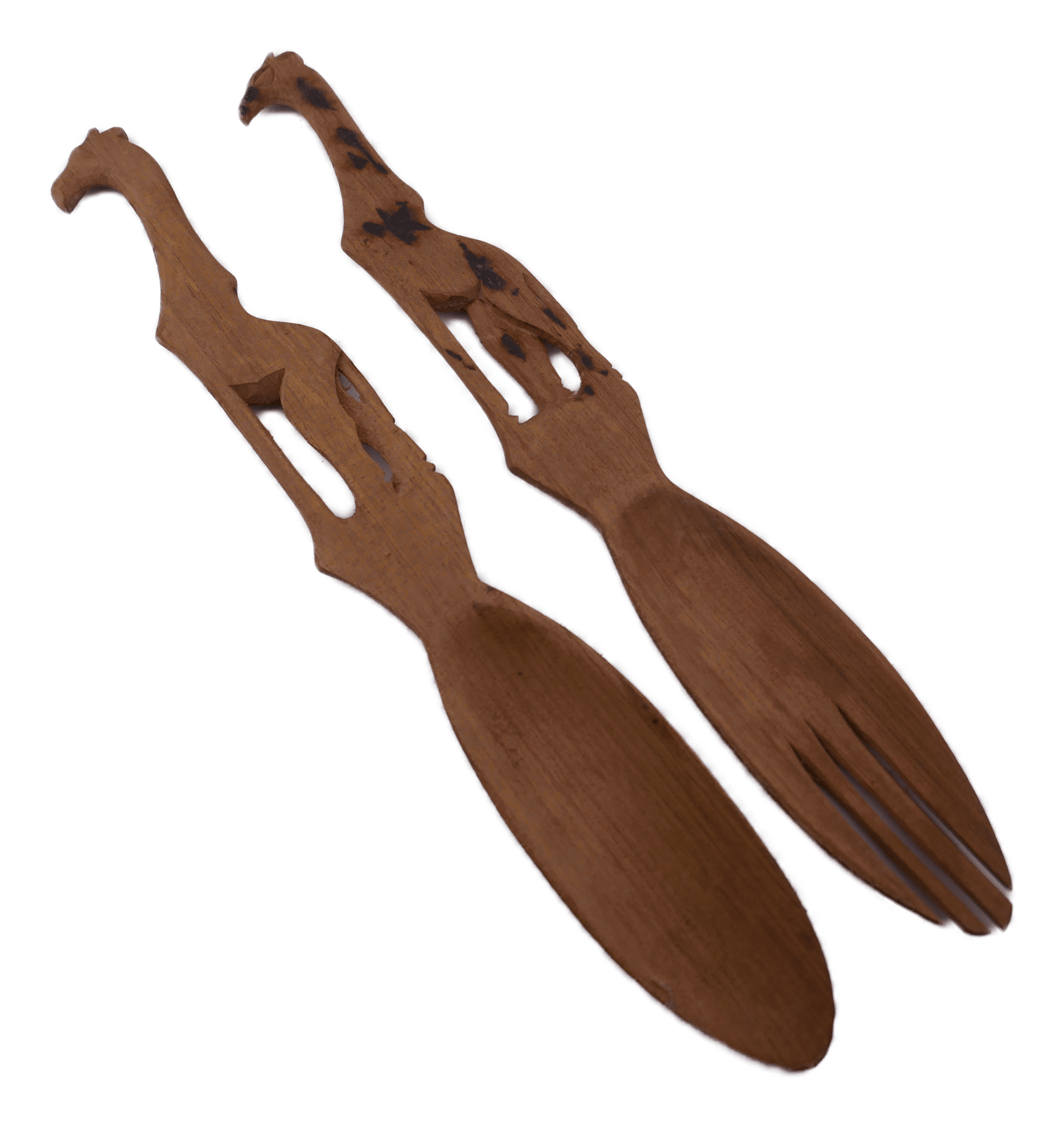 African Wooden Salad Servers - Handcrafted Giraffe or Elephant Design, 30cm - FriendlyTradingCo