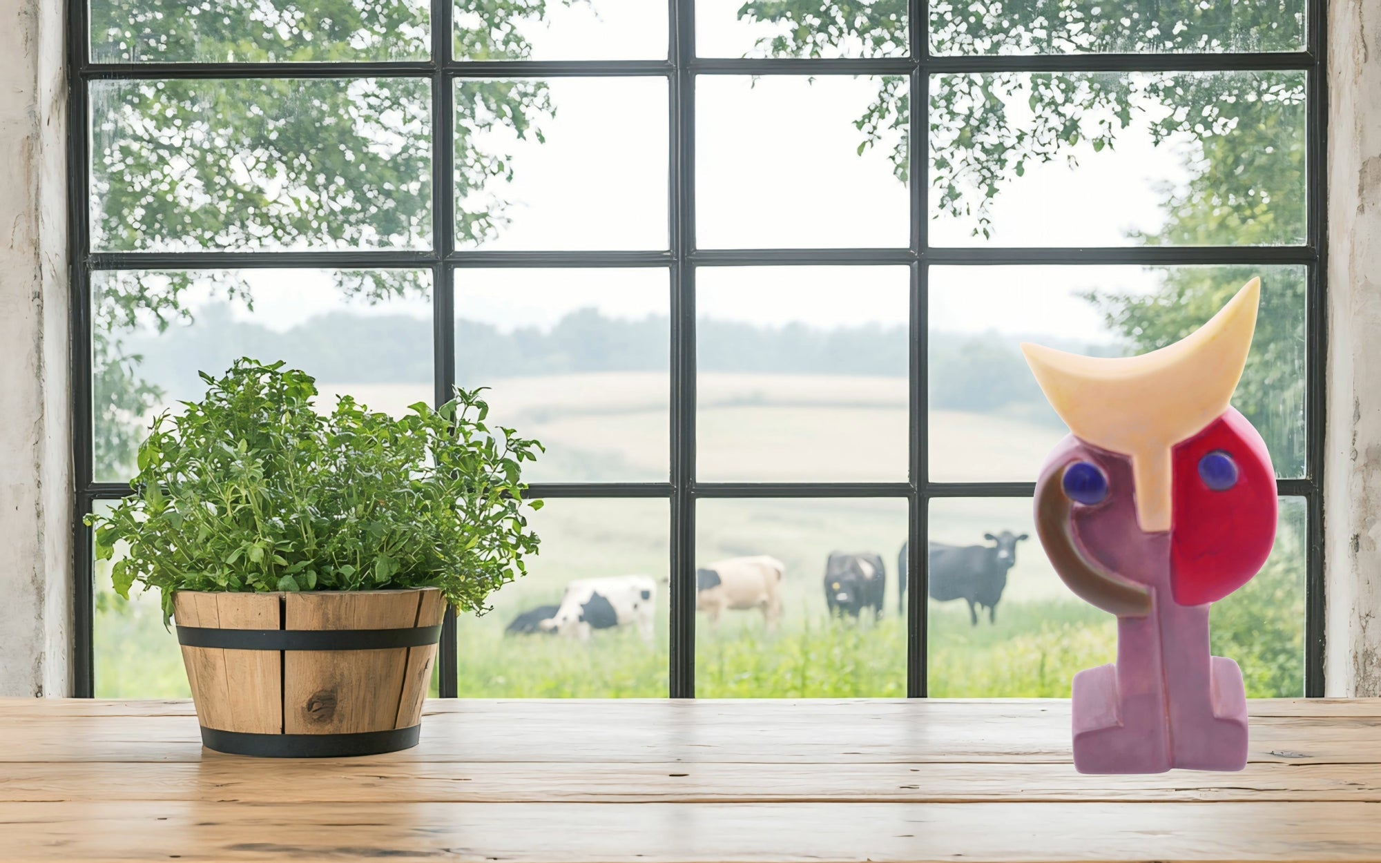 Brightly - coloured Abstract Cow sculpture // handmade in stone 17 cm // with Story - card - FriendlyTradingCo