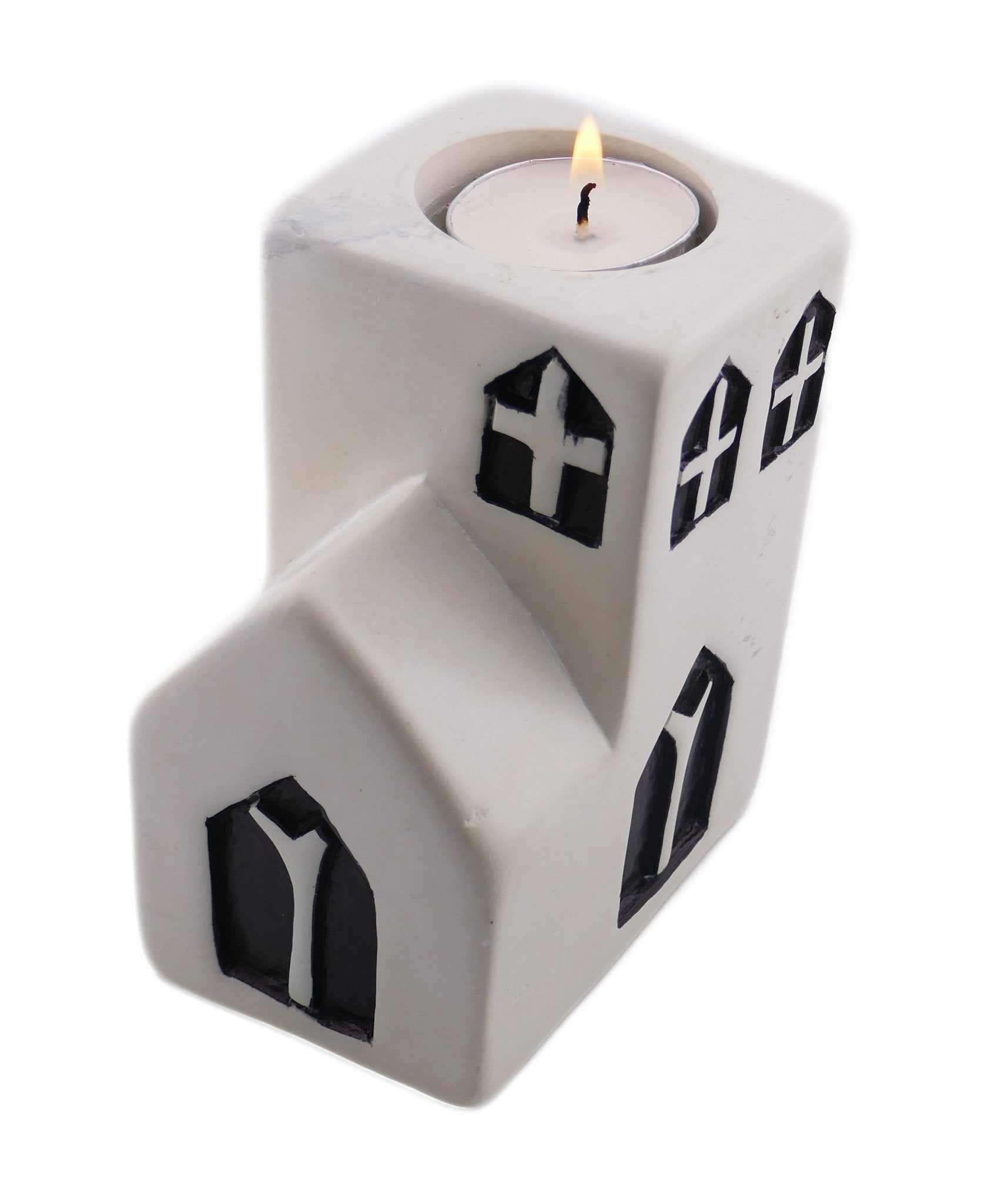 Church Tealight Holder stone sculpture hand made 10cm Black and White with Storycard - FriendlyTradingCo