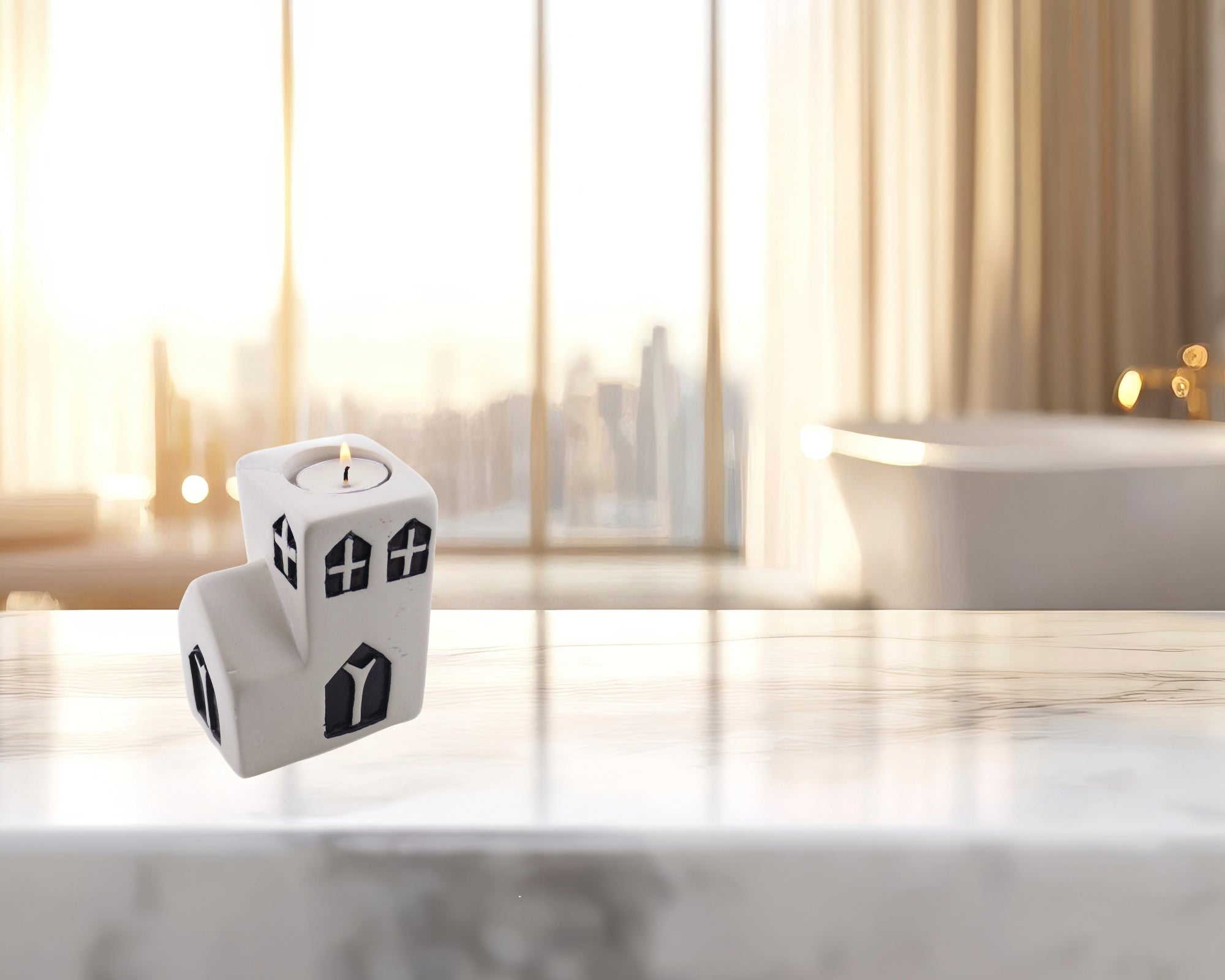 Church Tealight Holder stone sculpture hand made 10cm Black and White with Storycard - FriendlyTradingCo