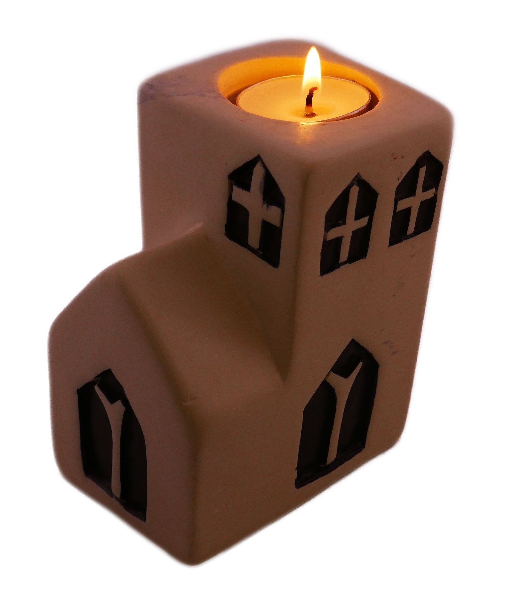 Church Tealight Holder stone sculpture hand made 10cm Black and White with Storycard - FriendlyTradingCo