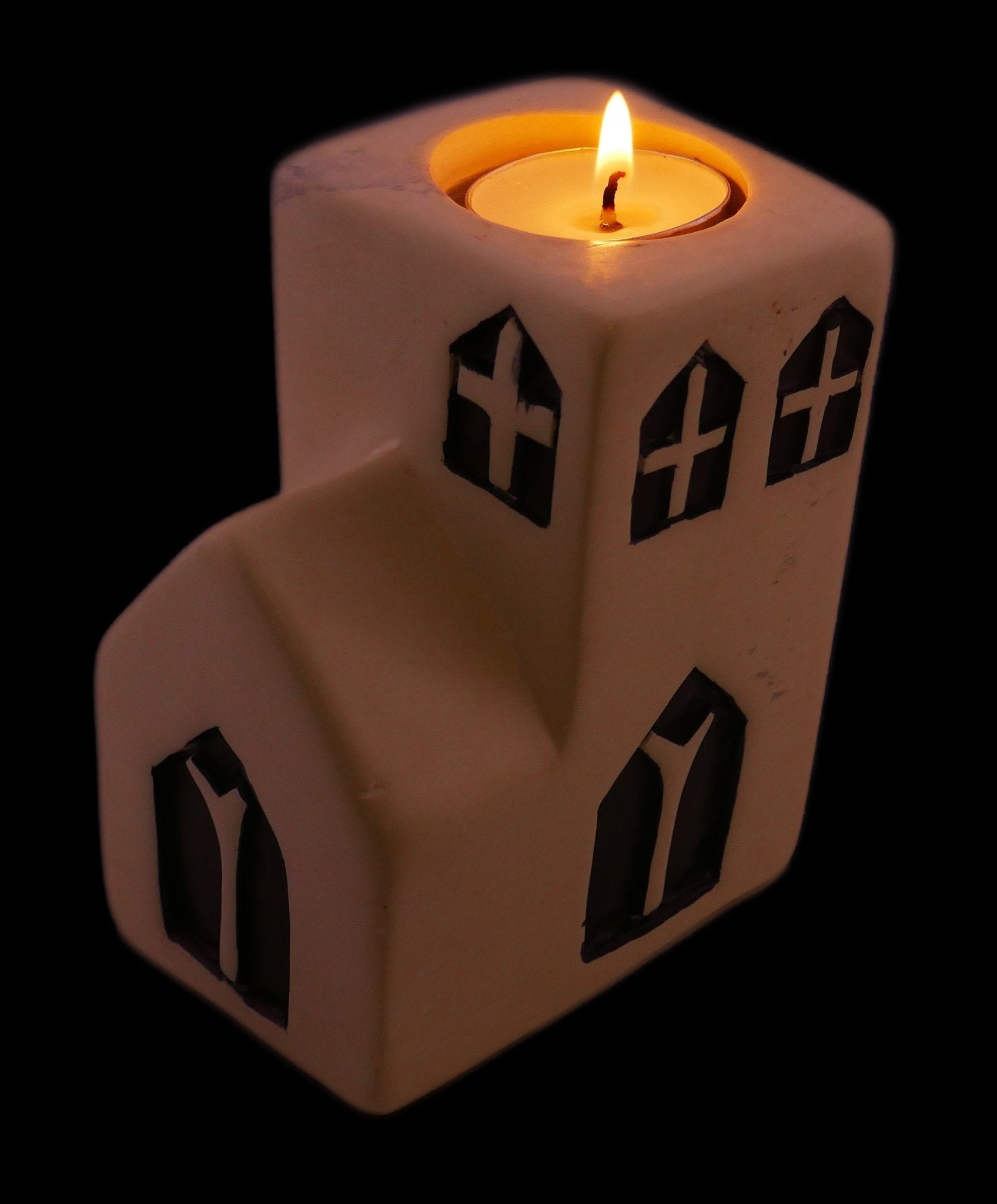 Church Tealight Holder stone sculpture hand made 10cm Black and White with Storycard - FriendlyTradingCo