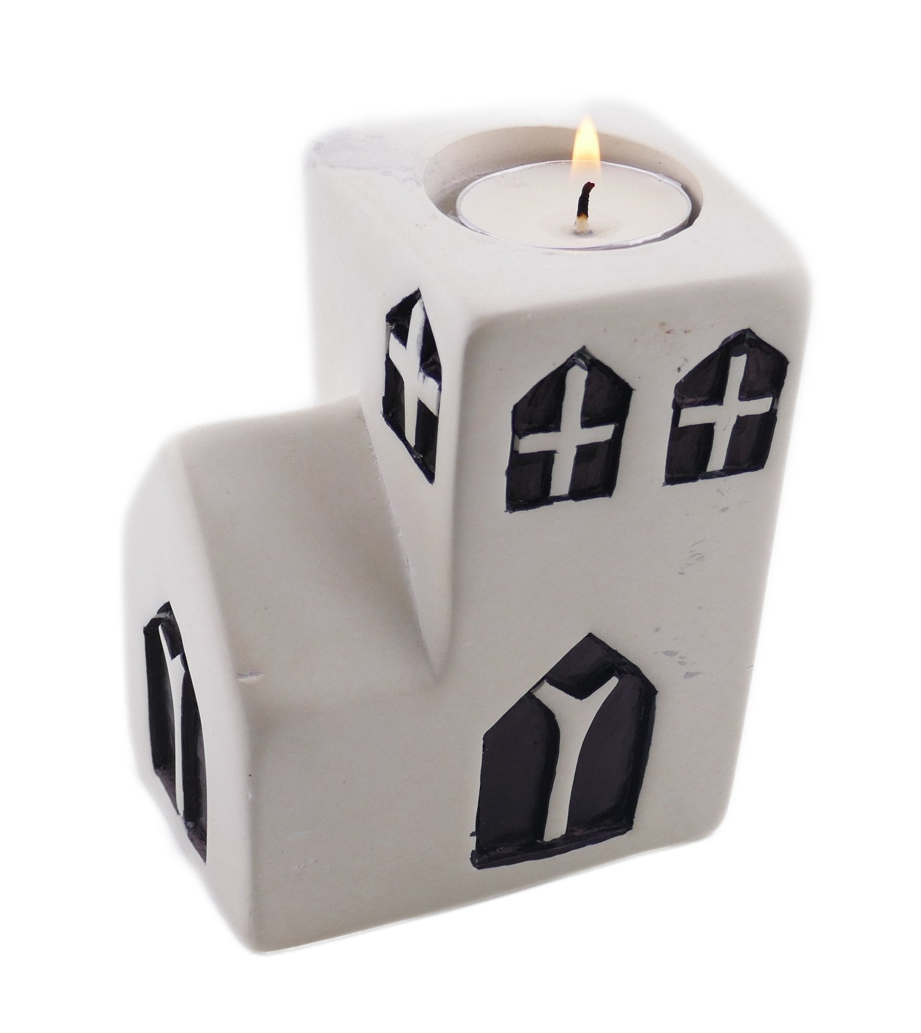 Church Tealight Holder stone sculpture hand made 10cm Black and White with Storycard - FriendlyTradingCo