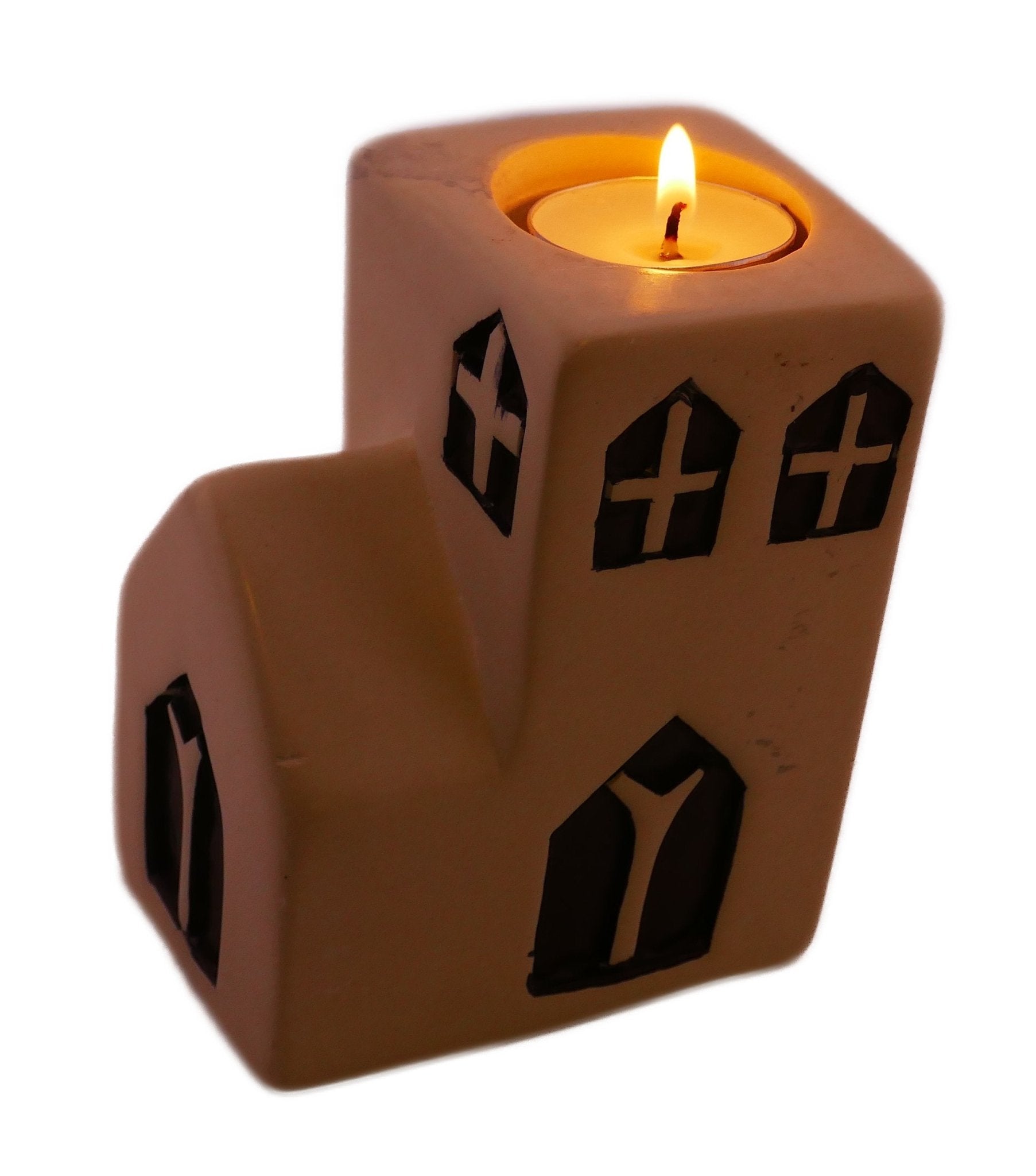 Church Tealight Holder stone sculpture hand made 10cm Black and White with Storycard - FriendlyTradingCo