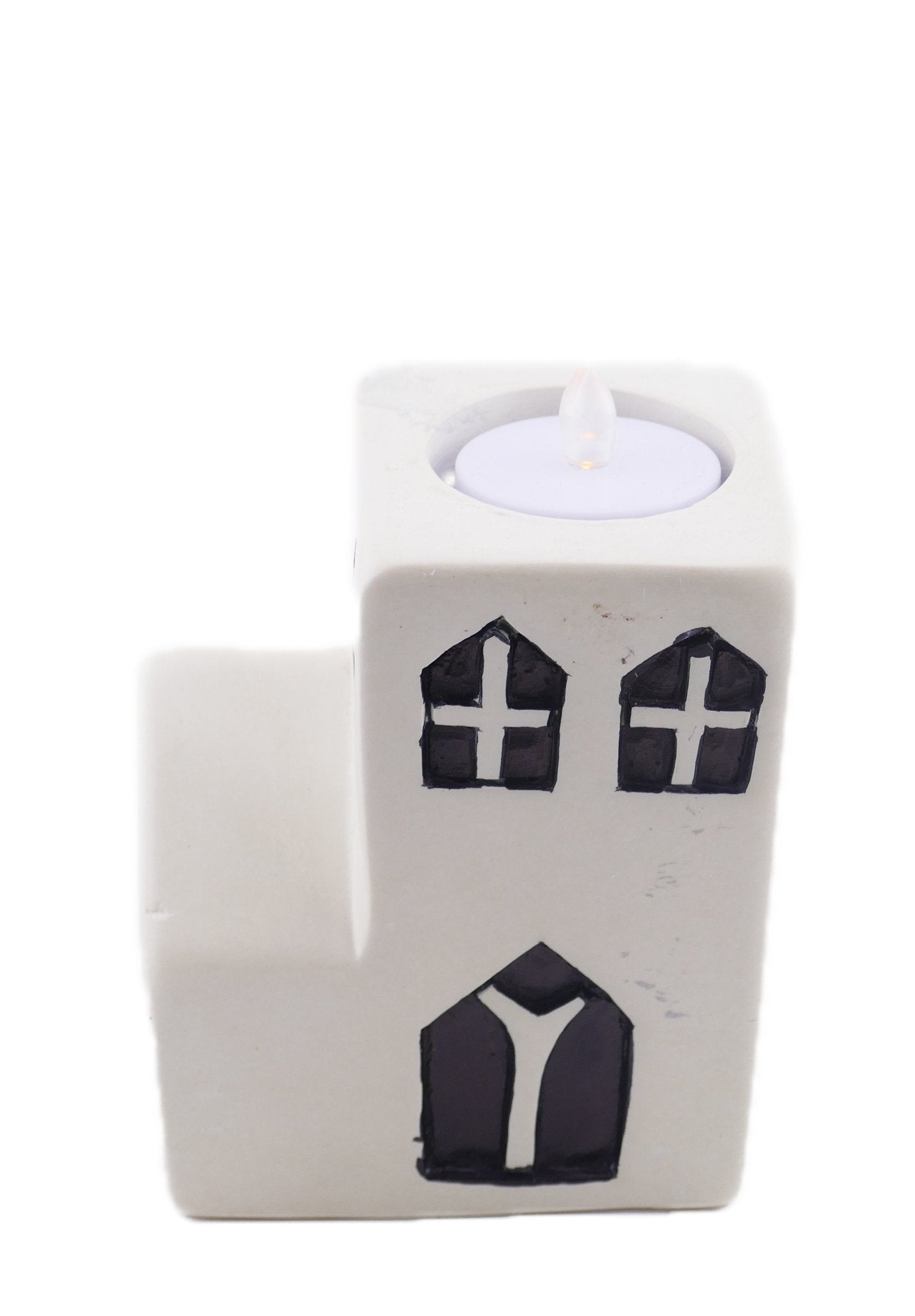 Church Tealight Holder stone sculpture hand made 10cm Black and White with Storycard - FriendlyTradingCo