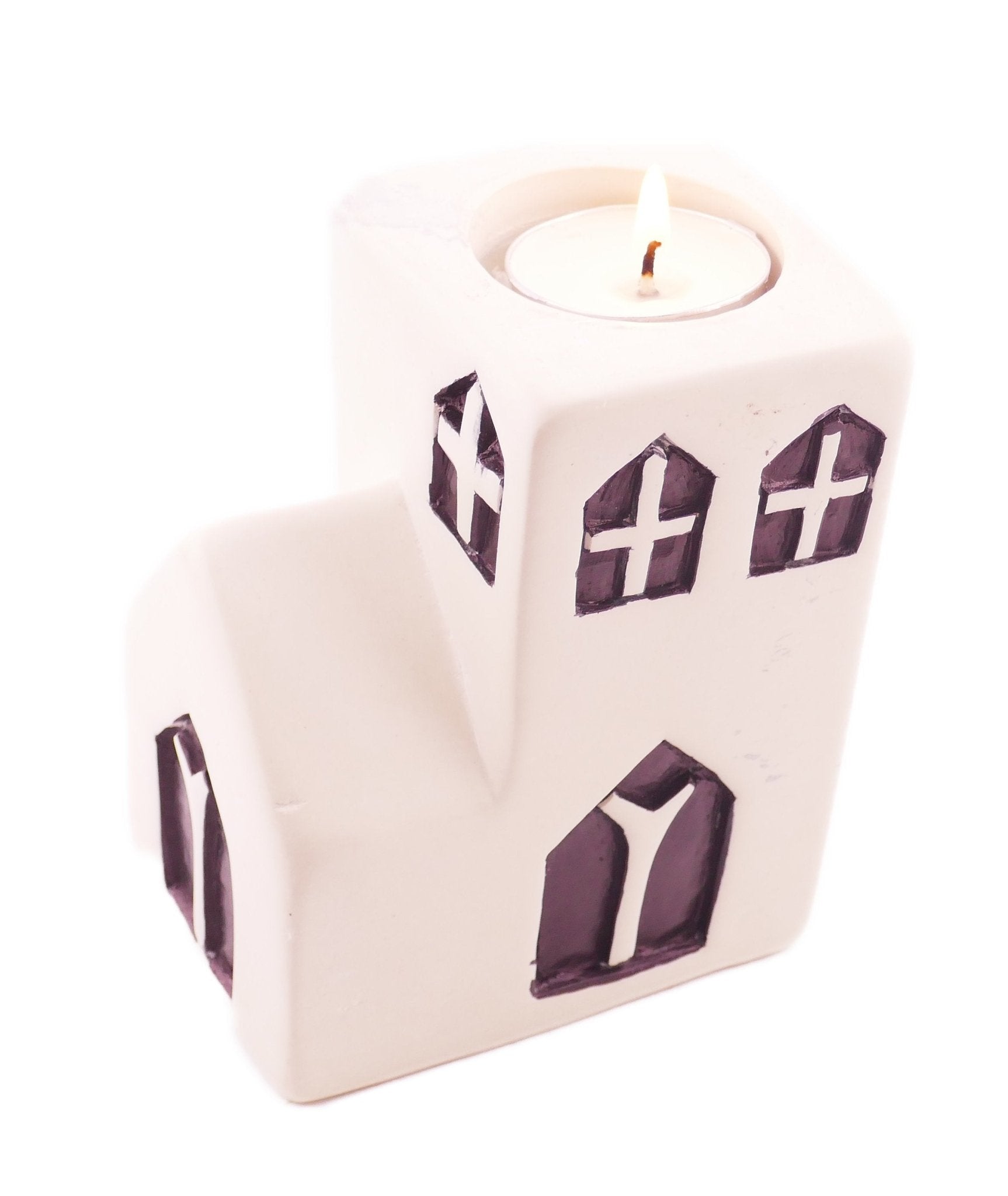 Church Tealight Holder stone sculpture hand made 10cm Black and White with Storycard - FriendlyTradingCo