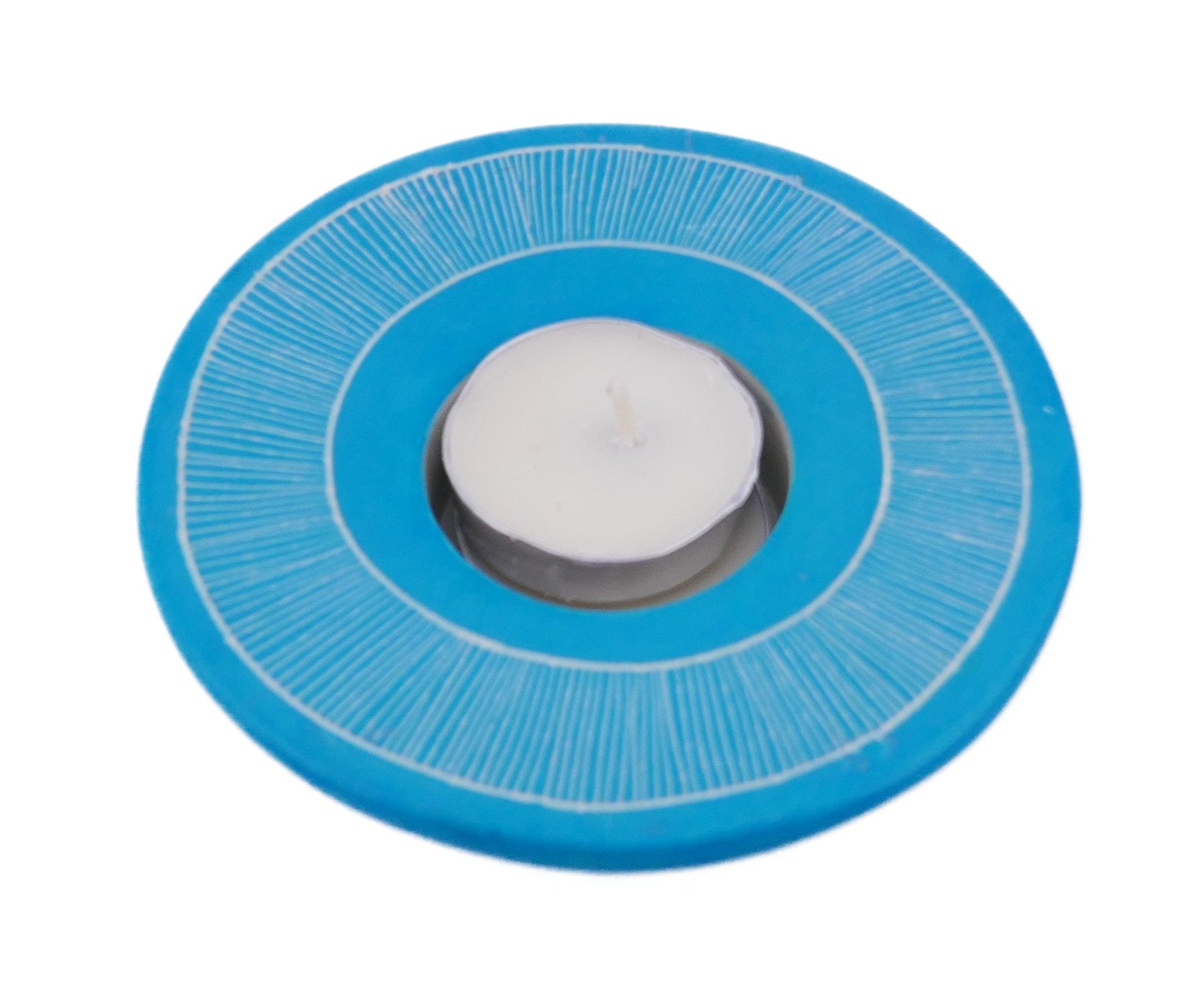 Circle Tealight Holder stone sculpture hand made 10cm Orange or Sky Blue with Storycard - FriendlyTradingCo