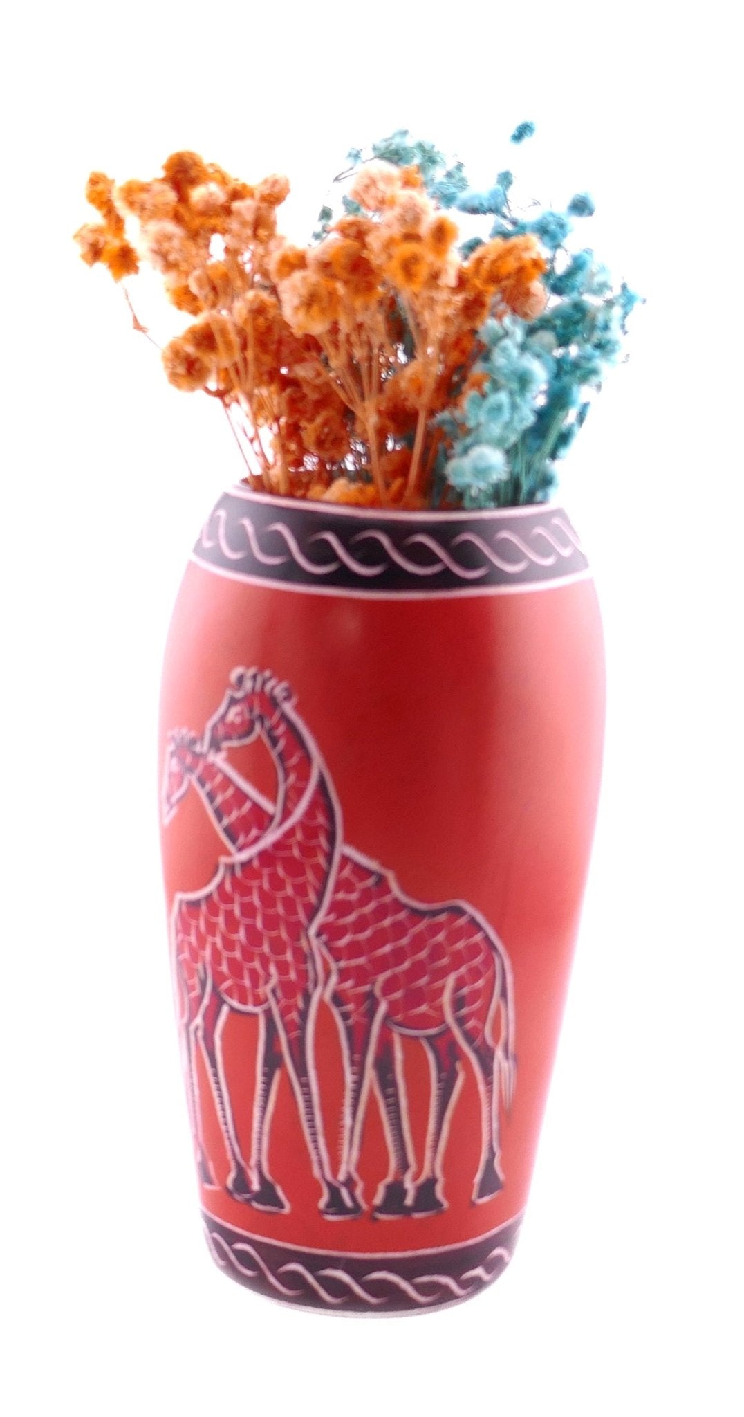Deep Orange Giraffe design Stone Vase hand made 15cm with Storycard - FriendlyTradingCo
