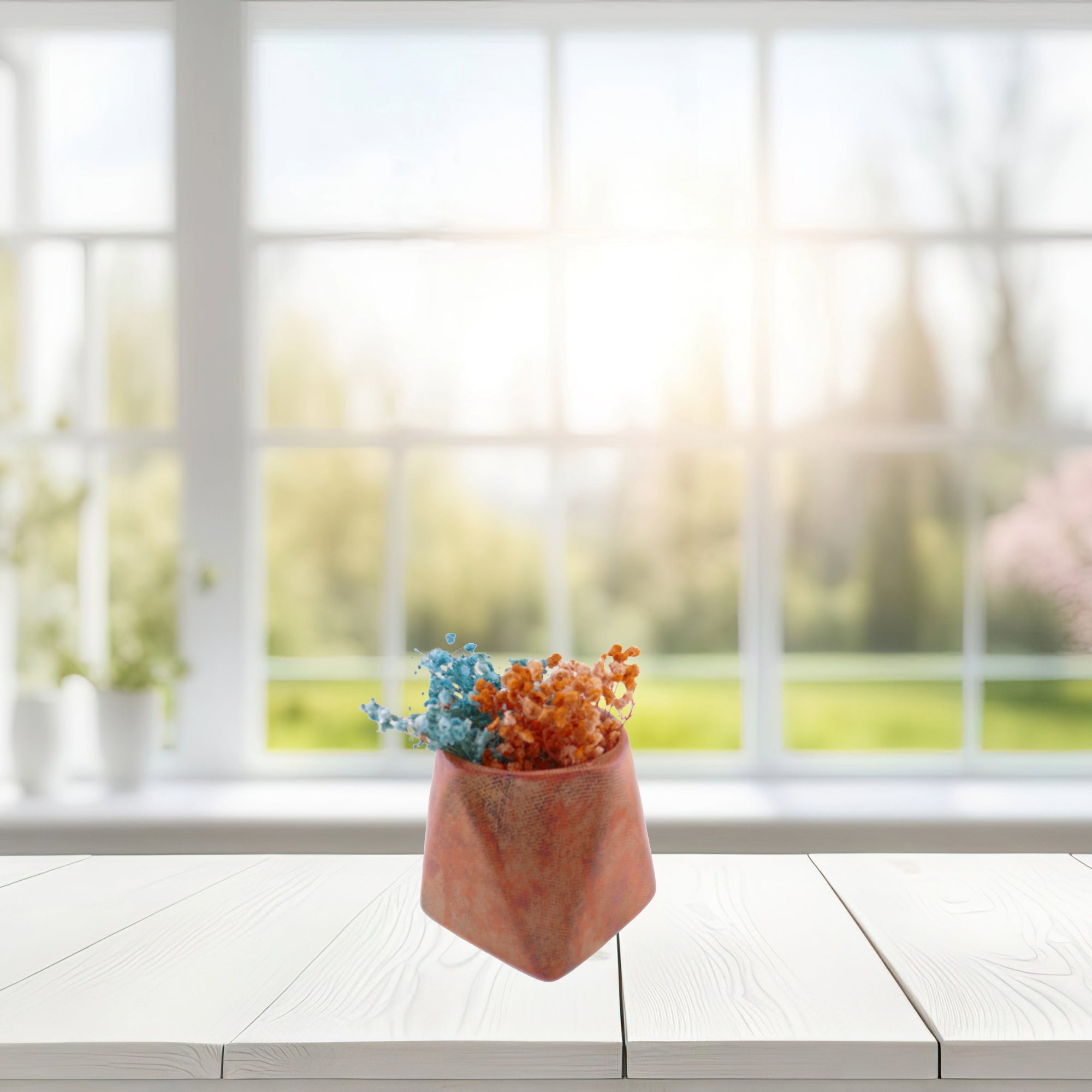 Geometric Stone Planter Plant Pot hand made 10cm with Storycard Burnt Orange - FriendlyTradingCo