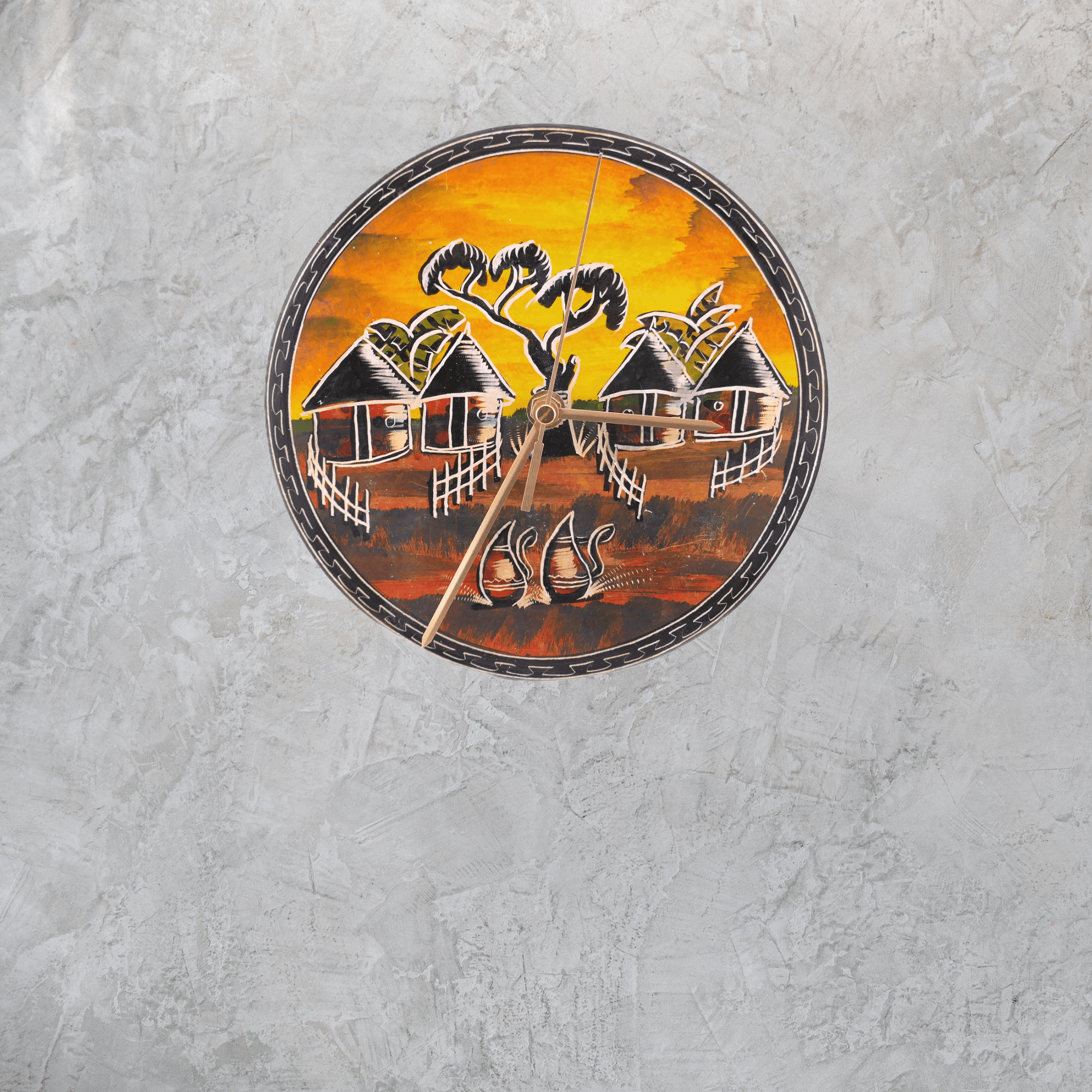 Handcrafted African Stone Wall Clock 8 inch – Artisan‑made, African Life Designs, Natural Stone, Dancers, Village Huts, Giraffes, Quartz Movement, Ready to Hang - FriendlyTradingCo