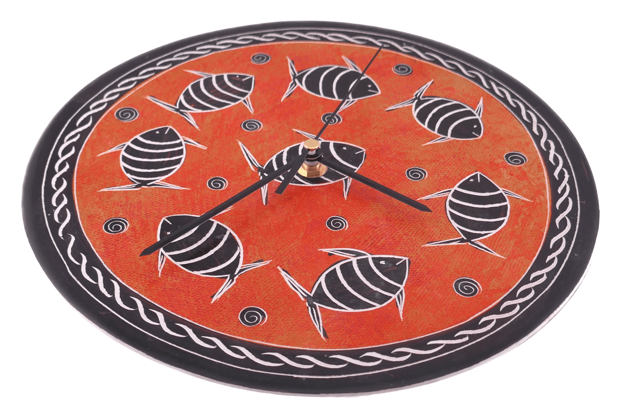 Handcrafted African Stone Wall Clock 8 inch – Artisan‑made, Orange Fish Design, Natural Stone, Quartz Movement, Ready to Hang - FriendlyTradingCo