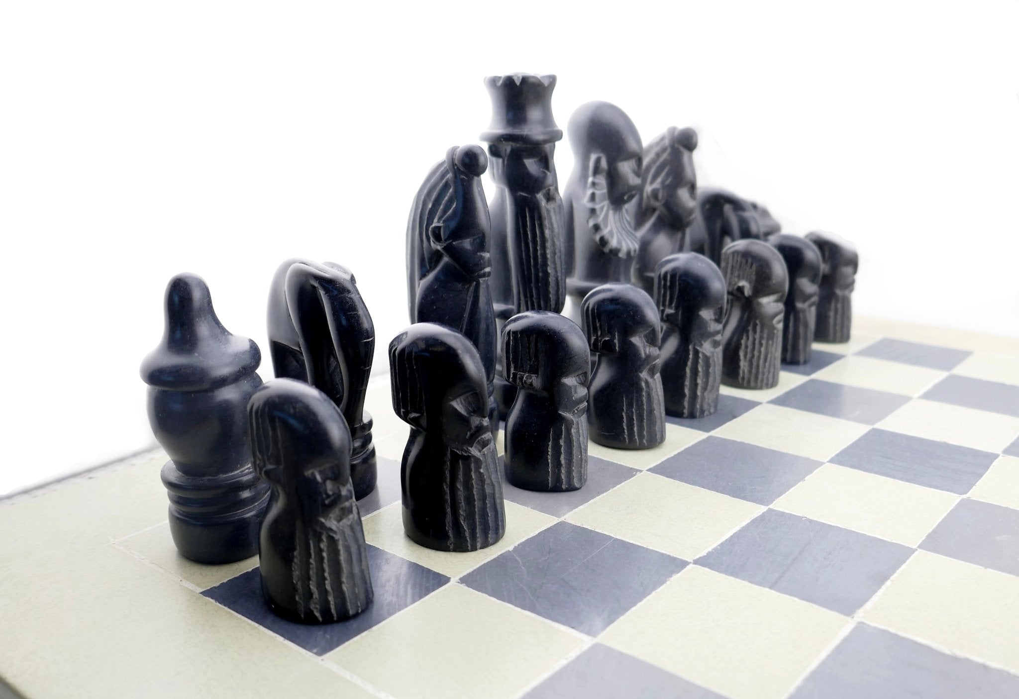 Handcrafted Stone Chess Set // Tribal design pieces // 14" / 36 cm B&W board with boxes for pieces - FriendlyTradingCo