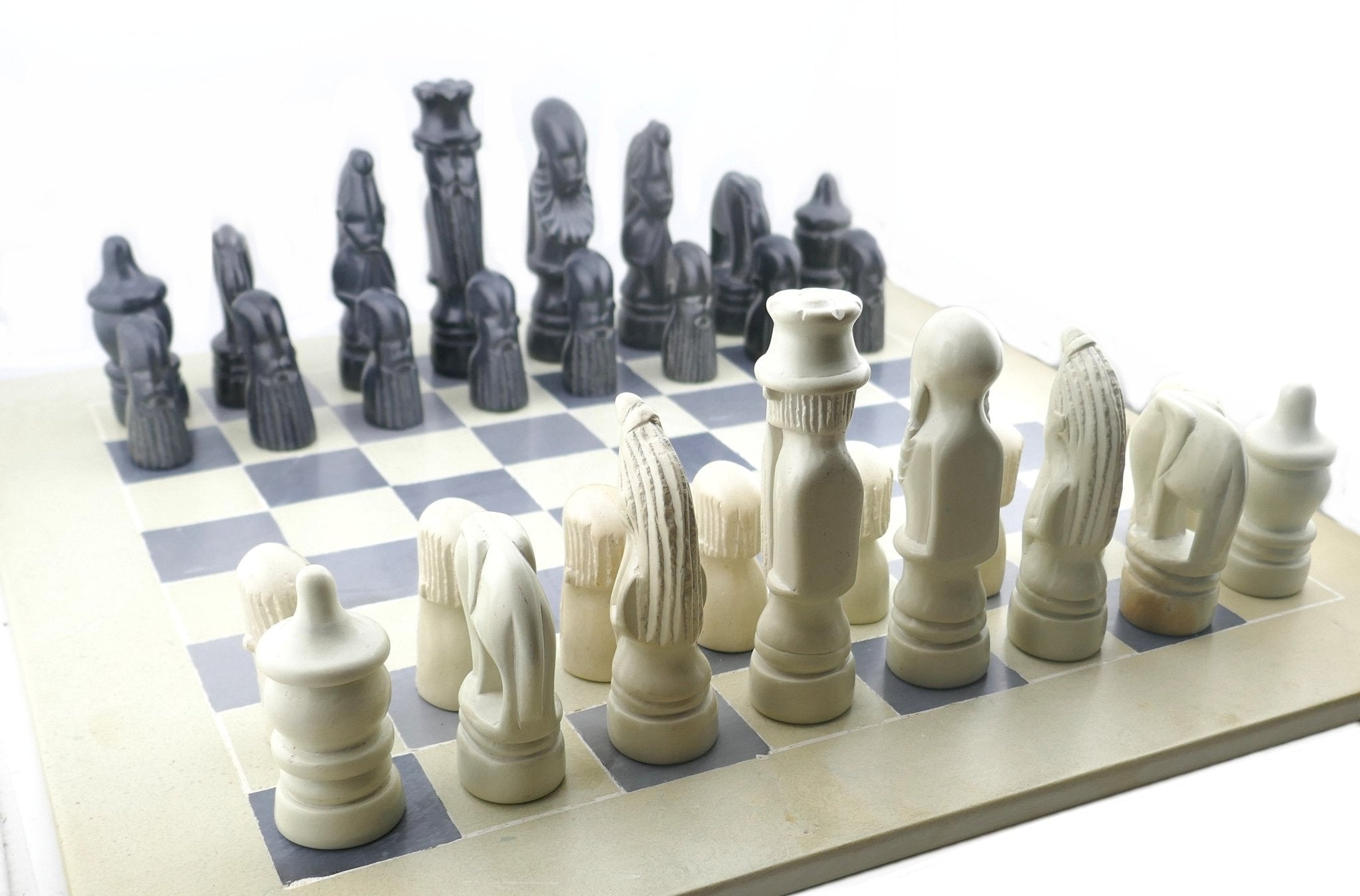 Handcrafted Stone Chess Set // Tribal design pieces // 14" / 36 cm B&W board with boxes for pieces - FriendlyTradingCo
