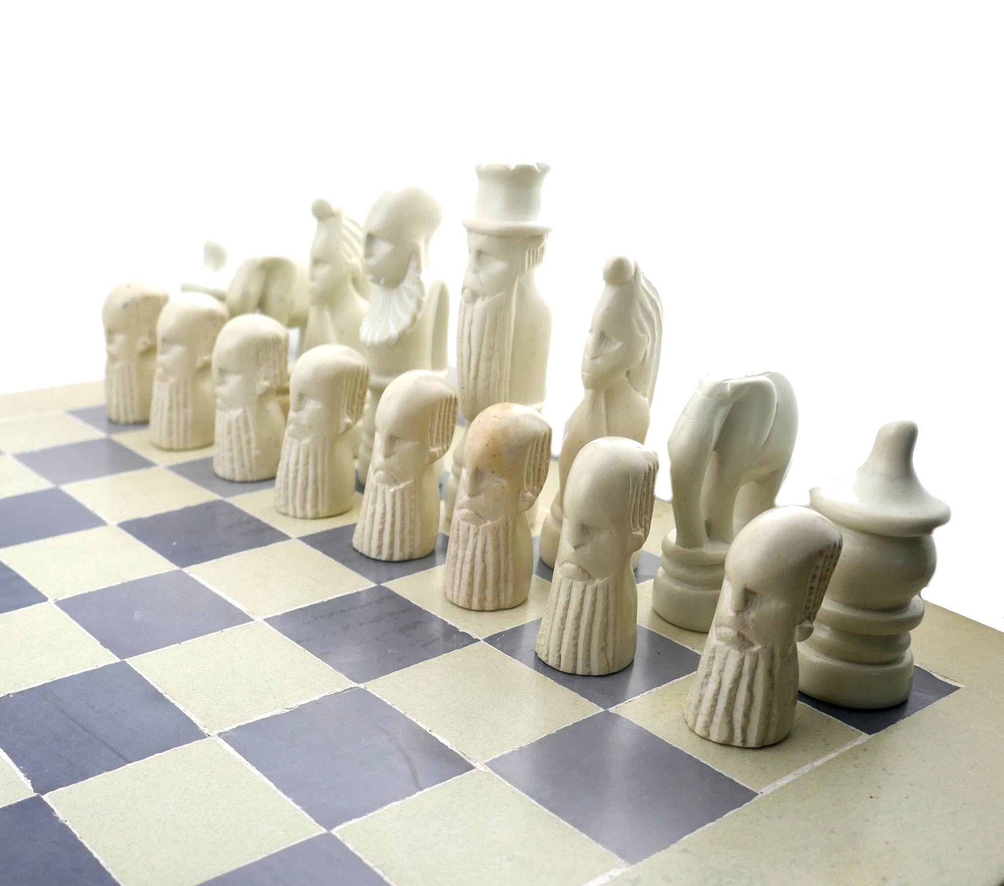 Handcrafted Stone Chess Set // Tribal design pieces // 14" / 36 cm B&W board with boxes for pieces - FriendlyTradingCo