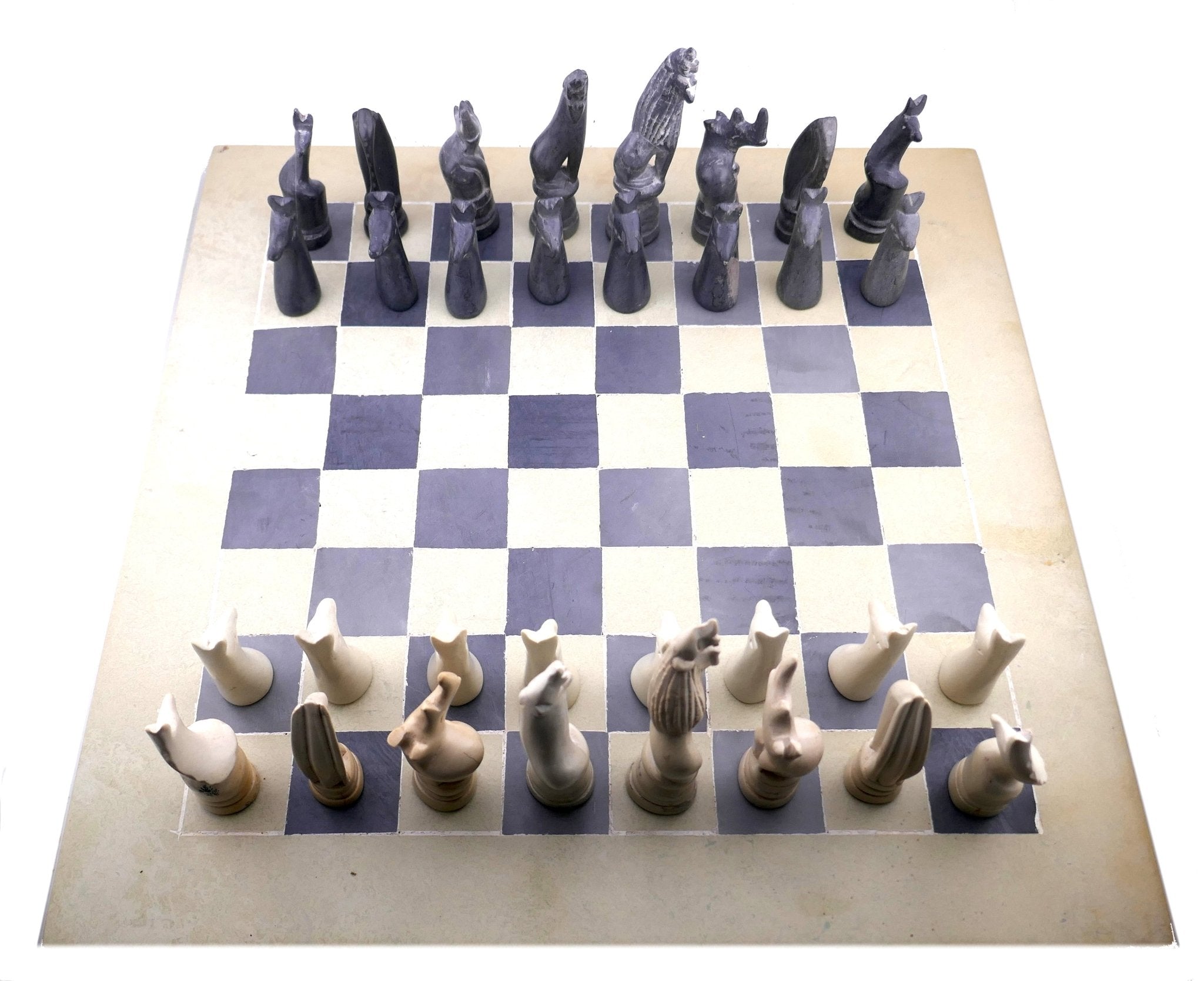 Handcrafted Stone Chess Set // Wild Animal design pieces // 14" / 36 cm // B&W board with Boxes for pieces - FriendlyTradingCo