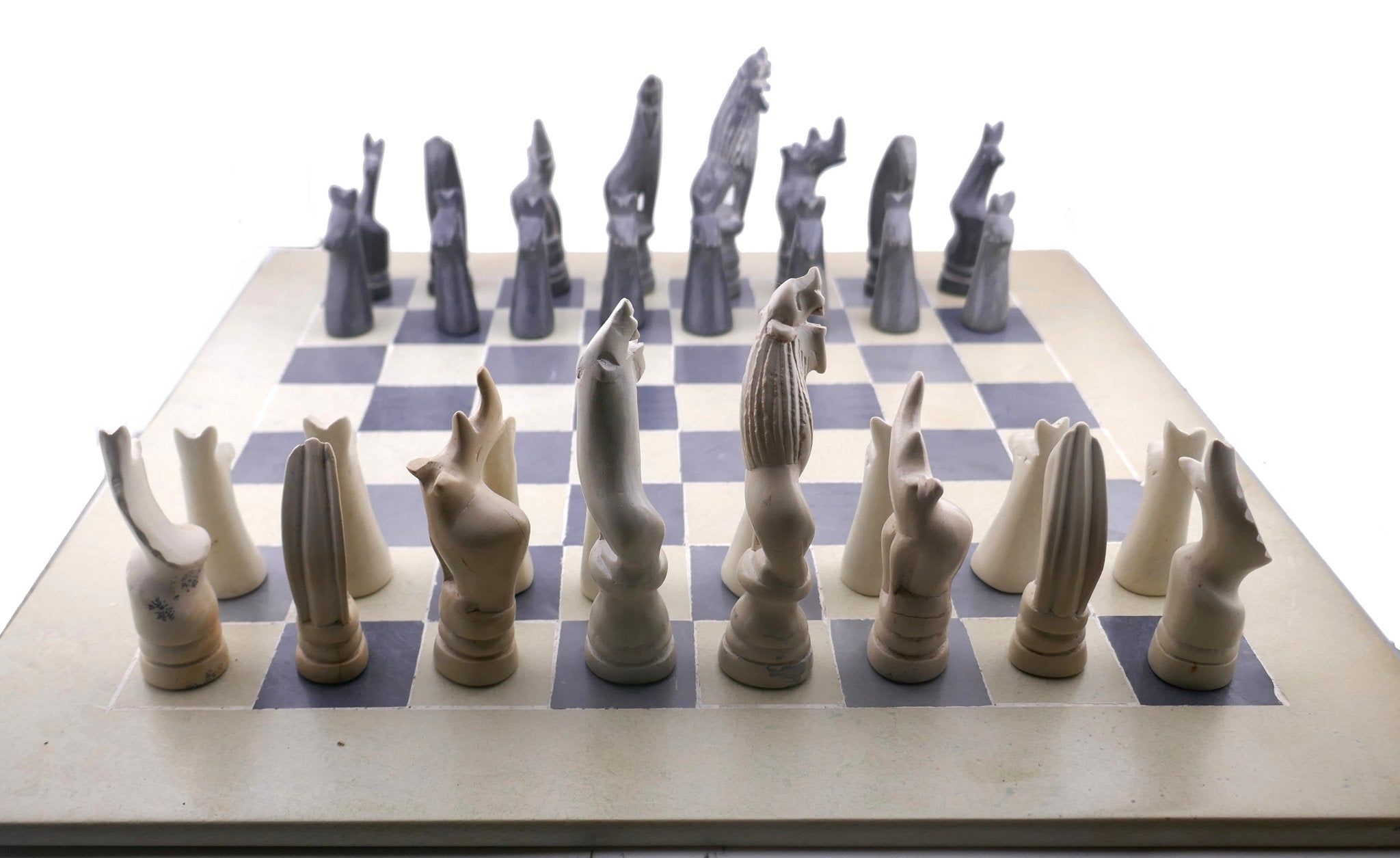 Handcrafted Stone Chess Set // Wild Animal design pieces // 14" / 36 cm // B&W board with Boxes for pieces - FriendlyTradingCo