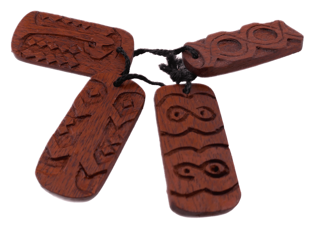 Handcrafted Wooden Dog Tag Charms – Set of Four - African motifs - FriendlyTradingCo