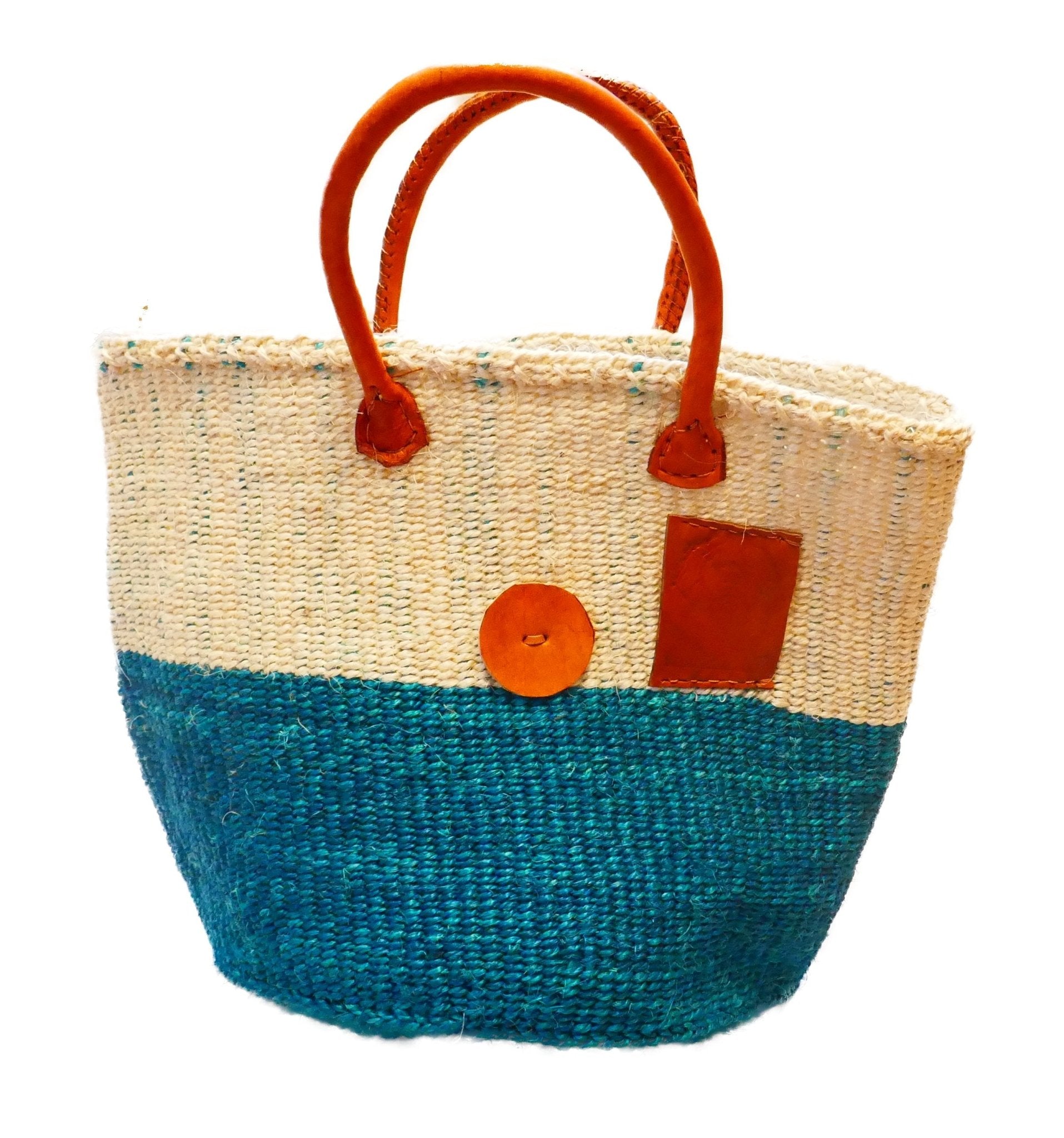 Large African Sisal Tote Bag // Shopping Beach Bag // Leather handles // Wild Animal motif // Blues & natural - FriendlyTradingCo