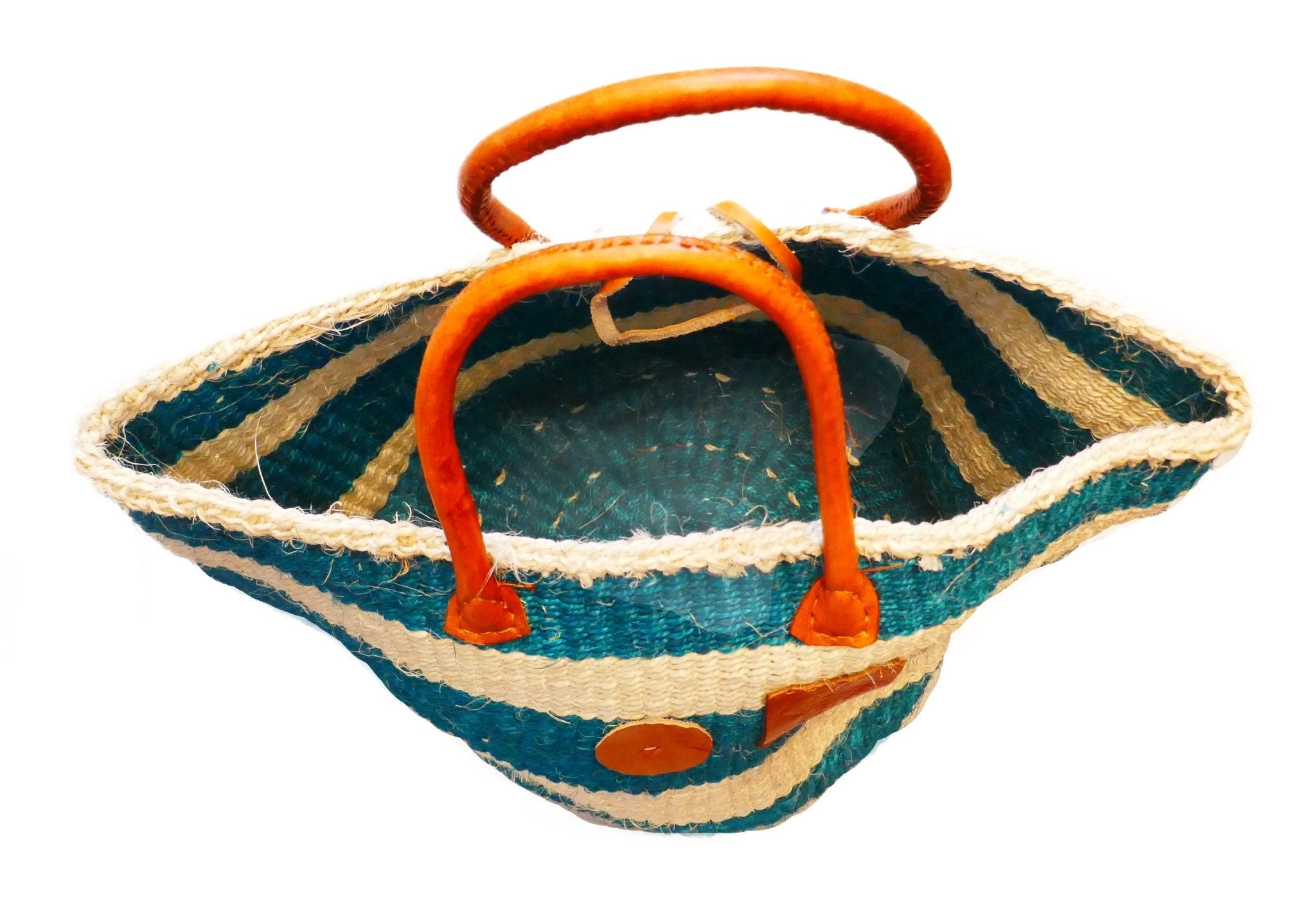 Large African Sisal Tote Bag // Shopping Beach Bag // Leather handles // Wild Animal motif // Blues & natural - FriendlyTradingCo